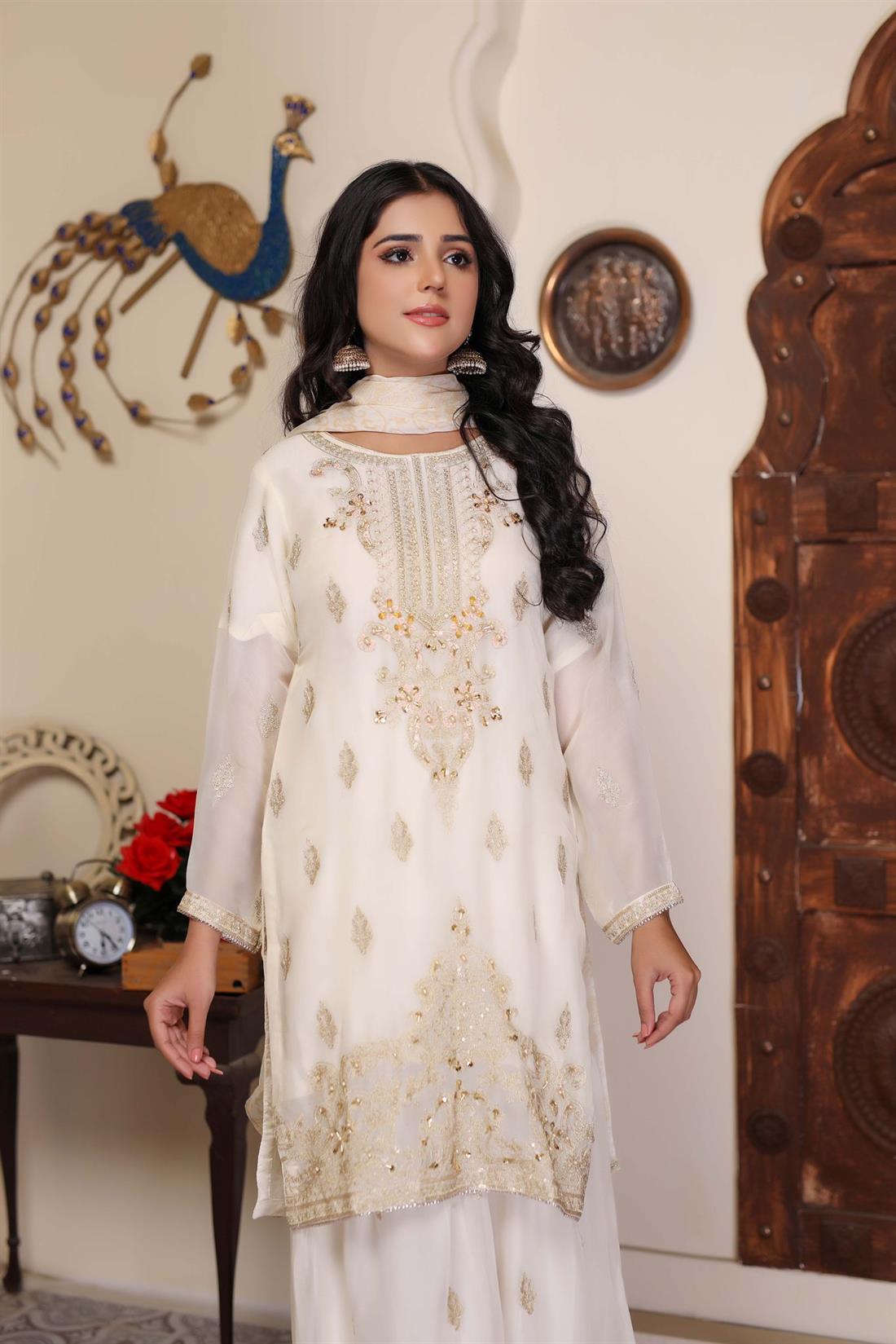 Cream & Gold Sharara 3 Piece Suit