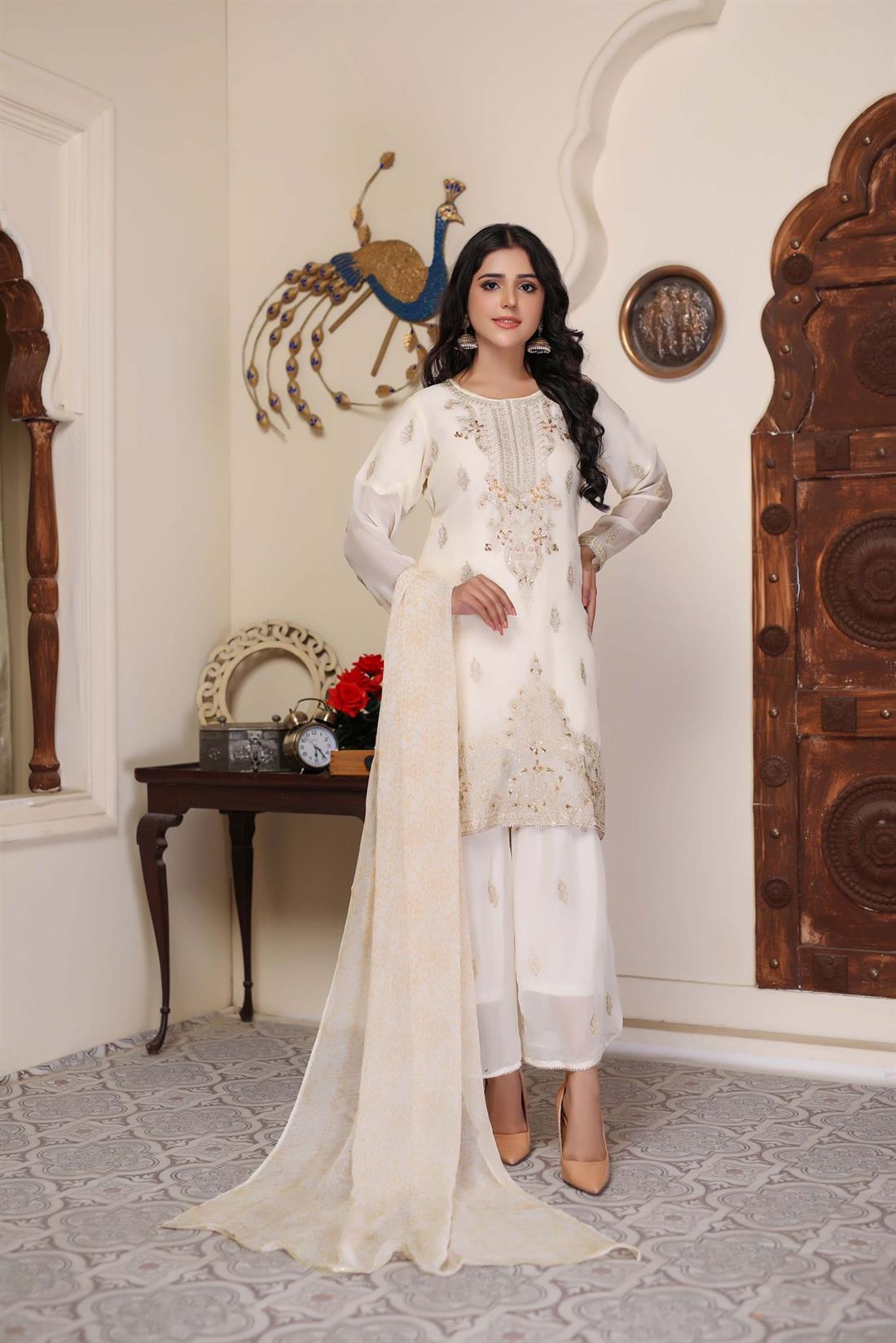 Cream & Gold Sharara 3 Piece Suit