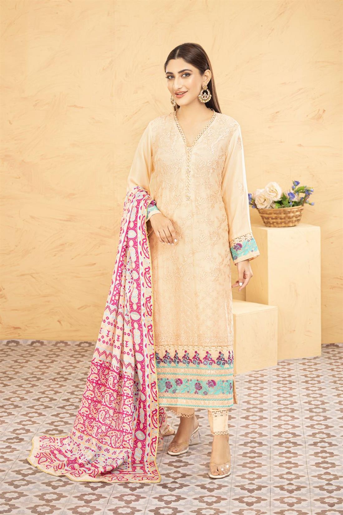 Light Peach Printed Raw Silk Laides 3 Piece Suit