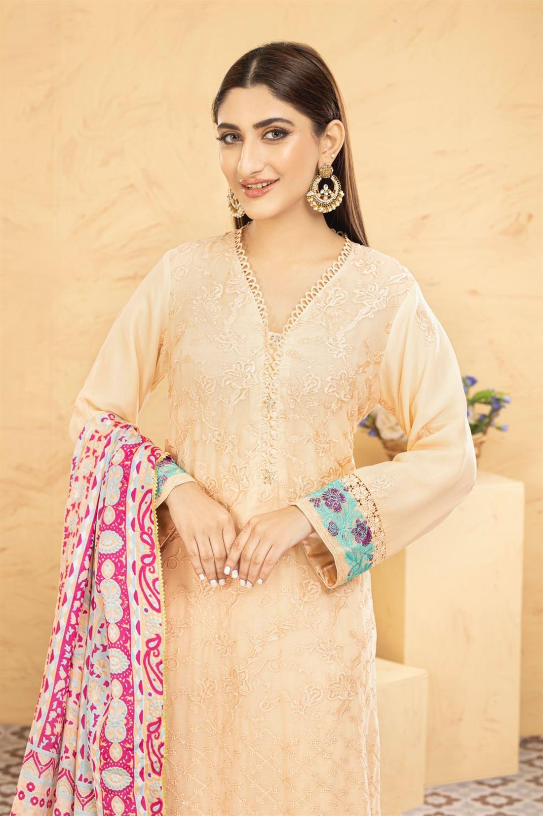 Light Peach Printed Raw Silk Laides 3 Piece Suit