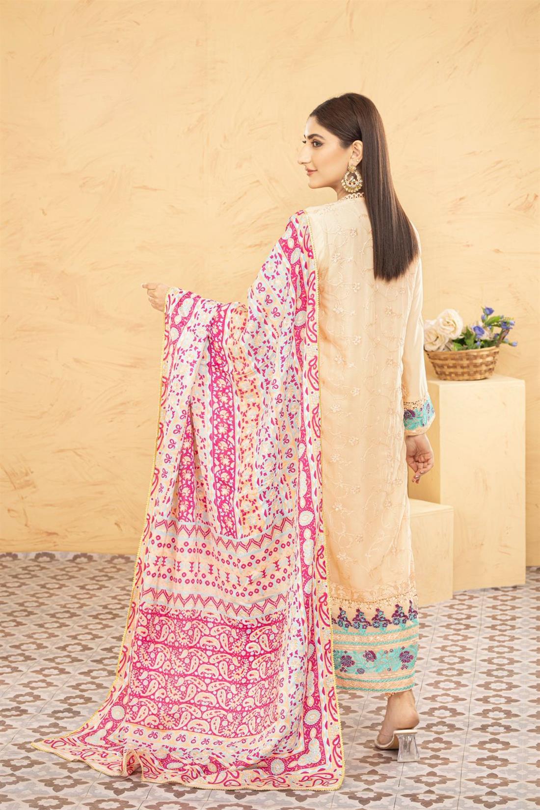 Light Peach Printed Raw Silk Laides 3 Piece Suit