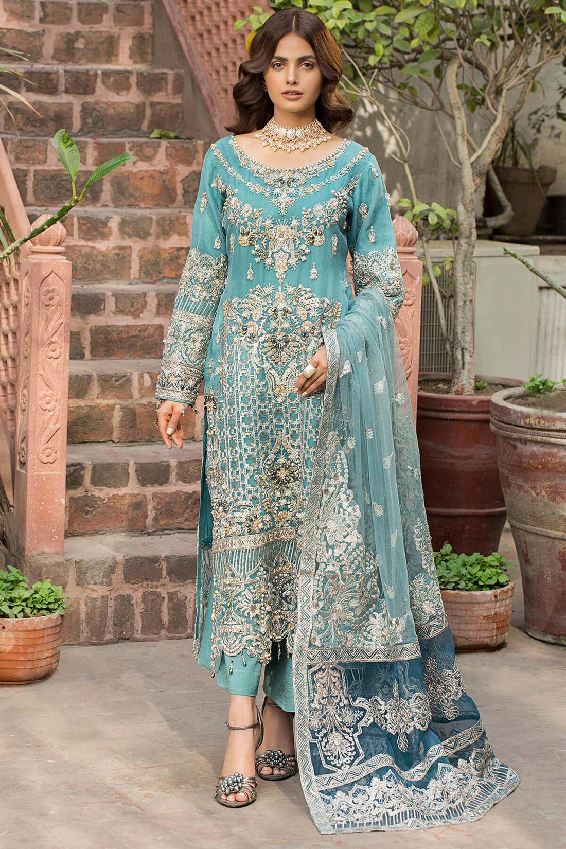 Blue Embroidered Raw Silk Ladies 3 Piece Suit