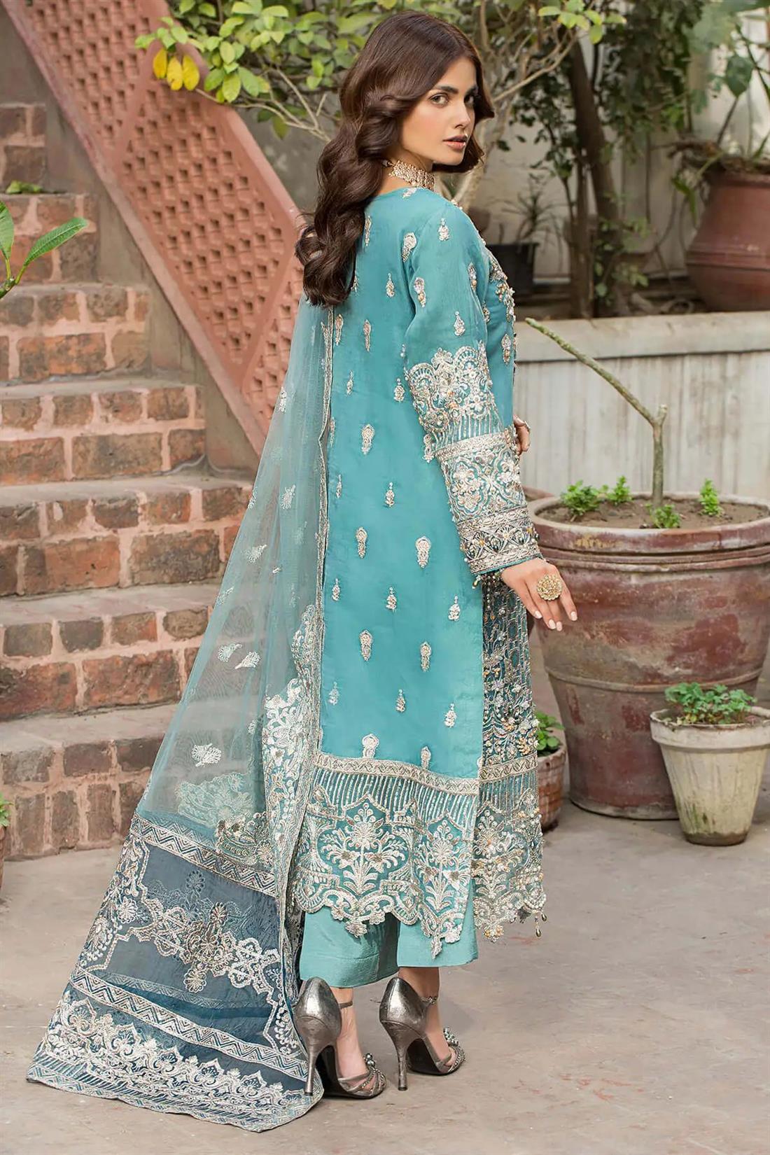 Blue Embroidered Raw Silk Ladies 3 Piece Suit