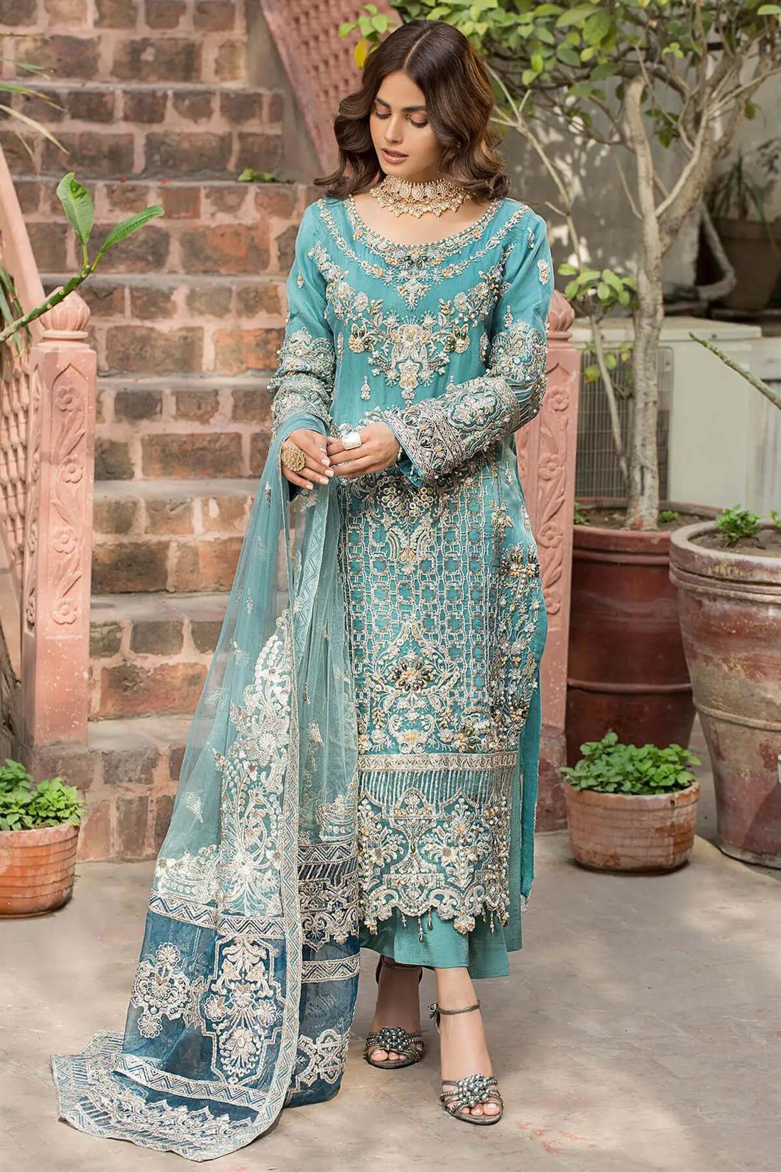 Blue Embroidered Raw Silk Ladies 3 Piece Suit