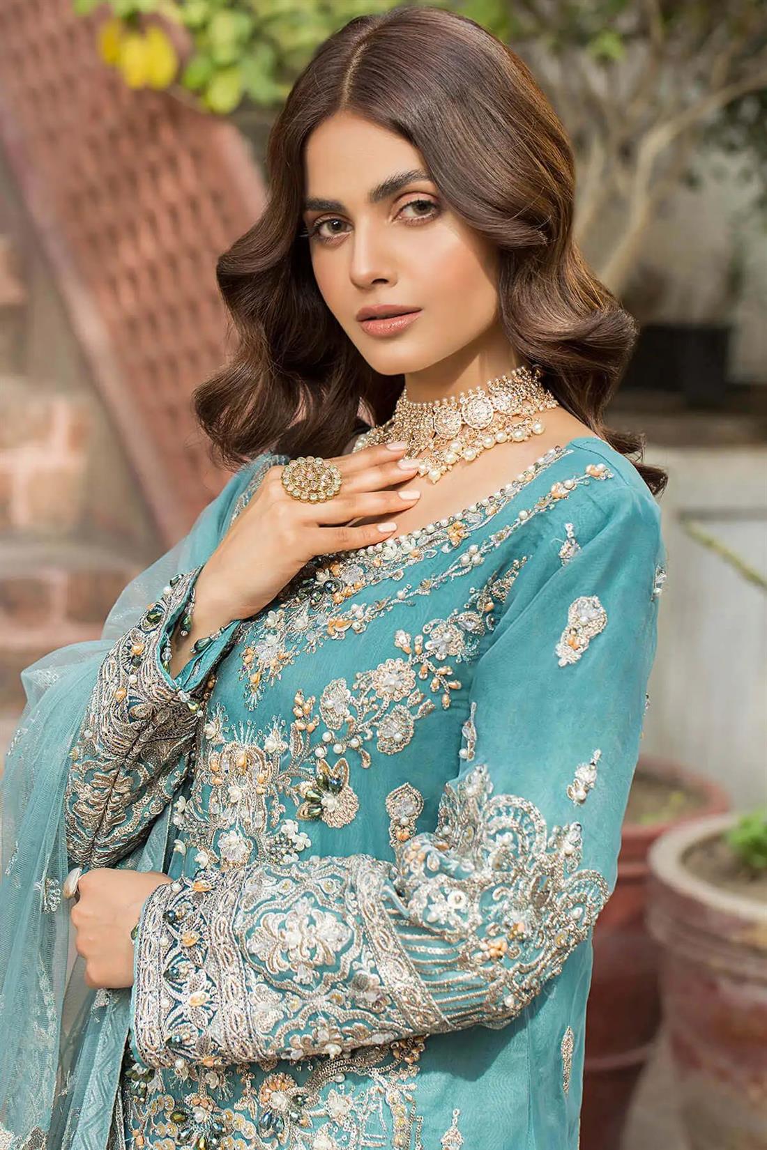 Blue Embroidered Raw Silk Ladies 3 Piece Suit