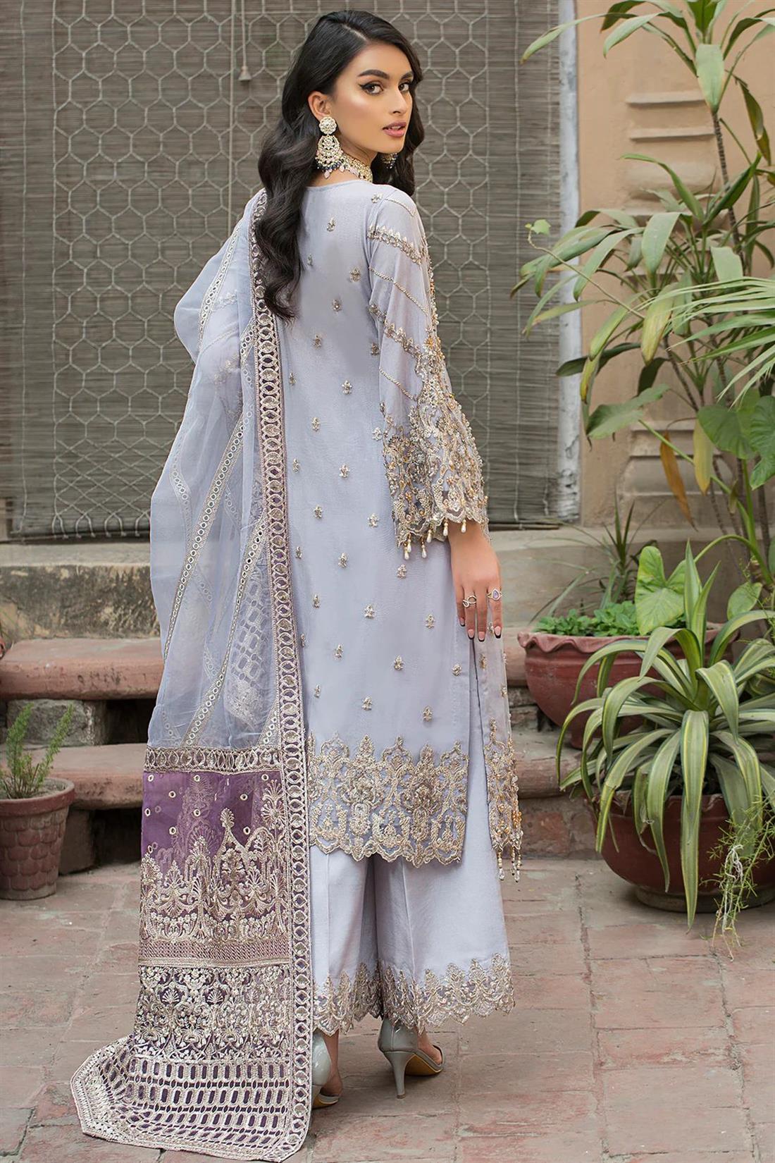 Lilac & Gold Embroidered Raw Silk Ladies 3 Piece Suit