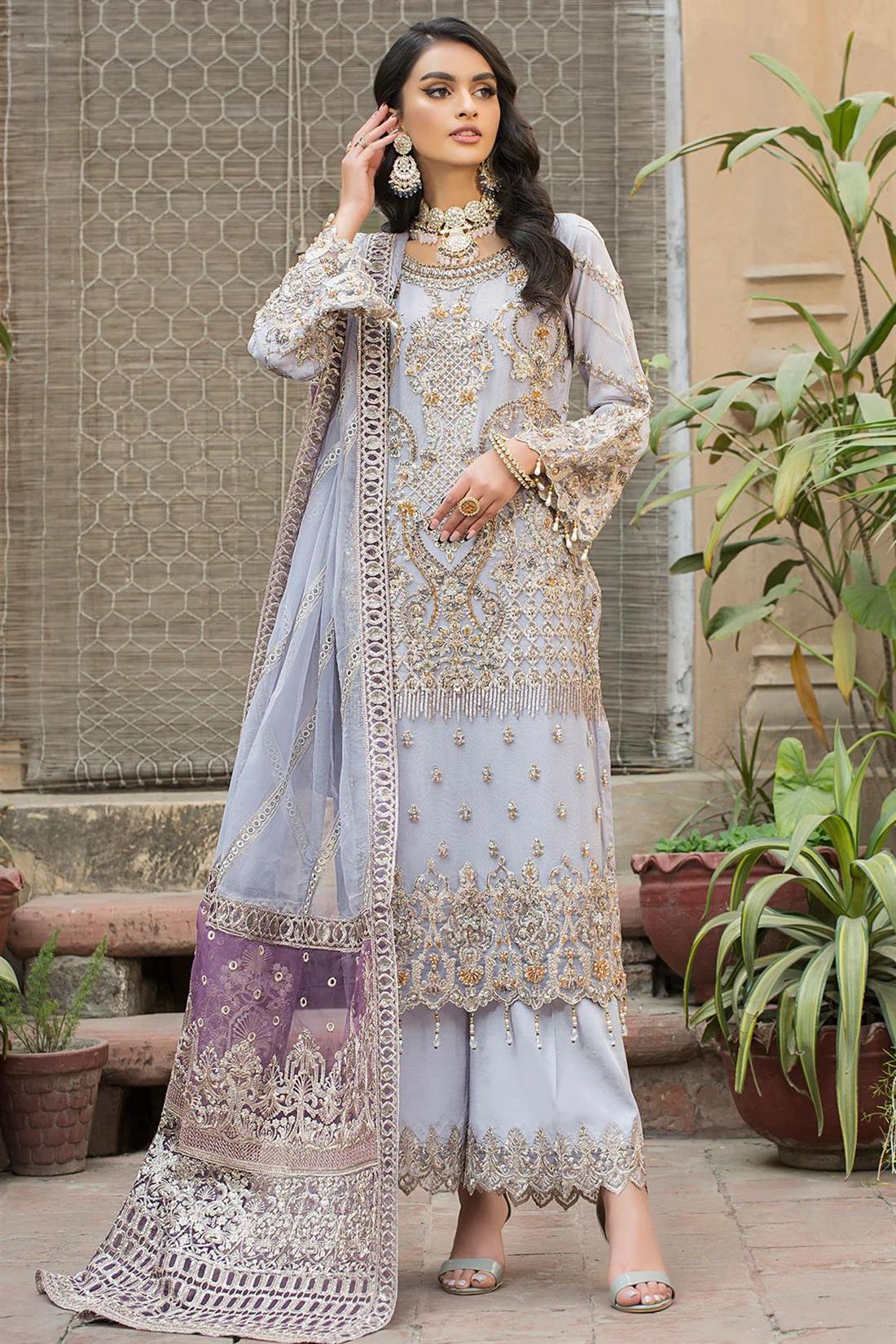 Lilac & Gold Embroidered Raw Silk Ladies 3 Piece Suit