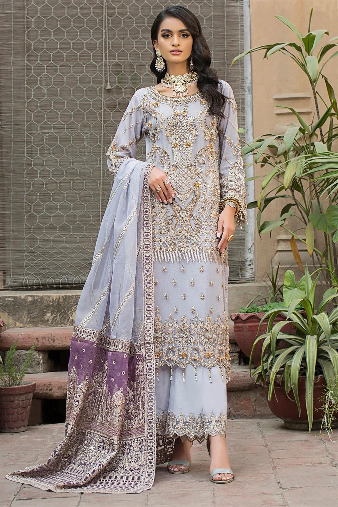 Lilac & Gold Embroidered Raw Silk Ladies 3 Piece Suit