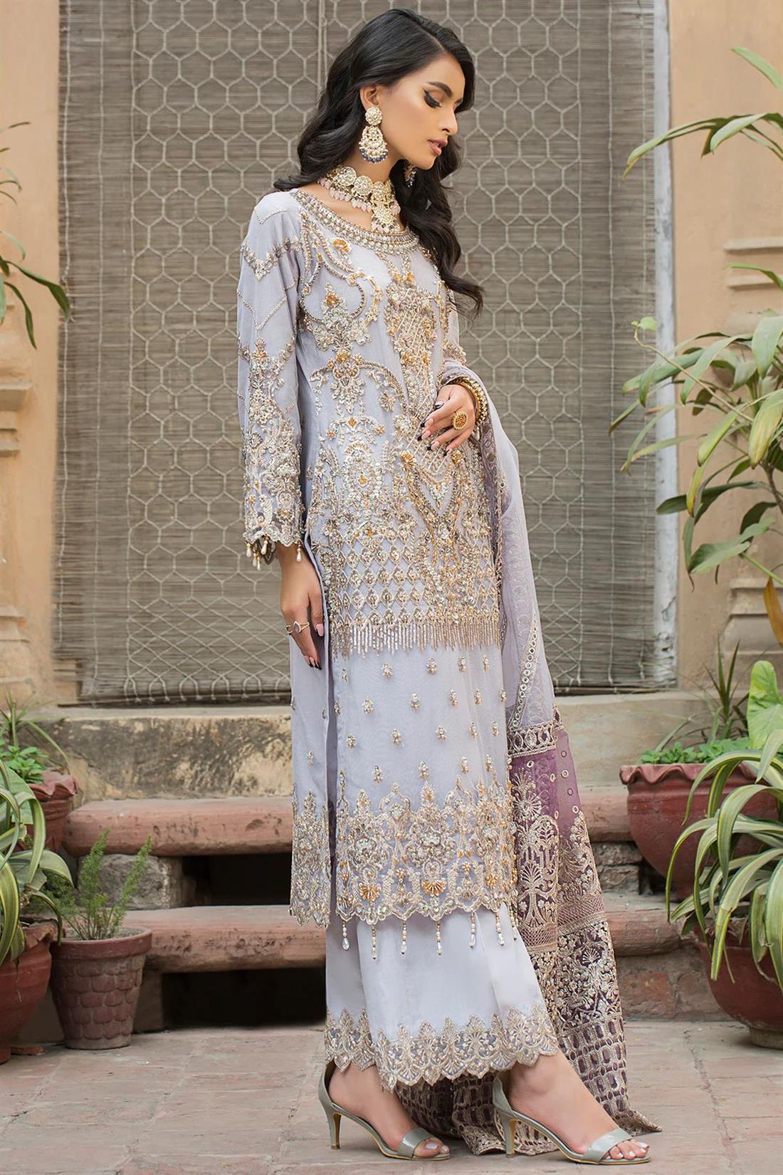 Lilac & Gold Embroidered Raw Silk Ladies 3 Piece Suit