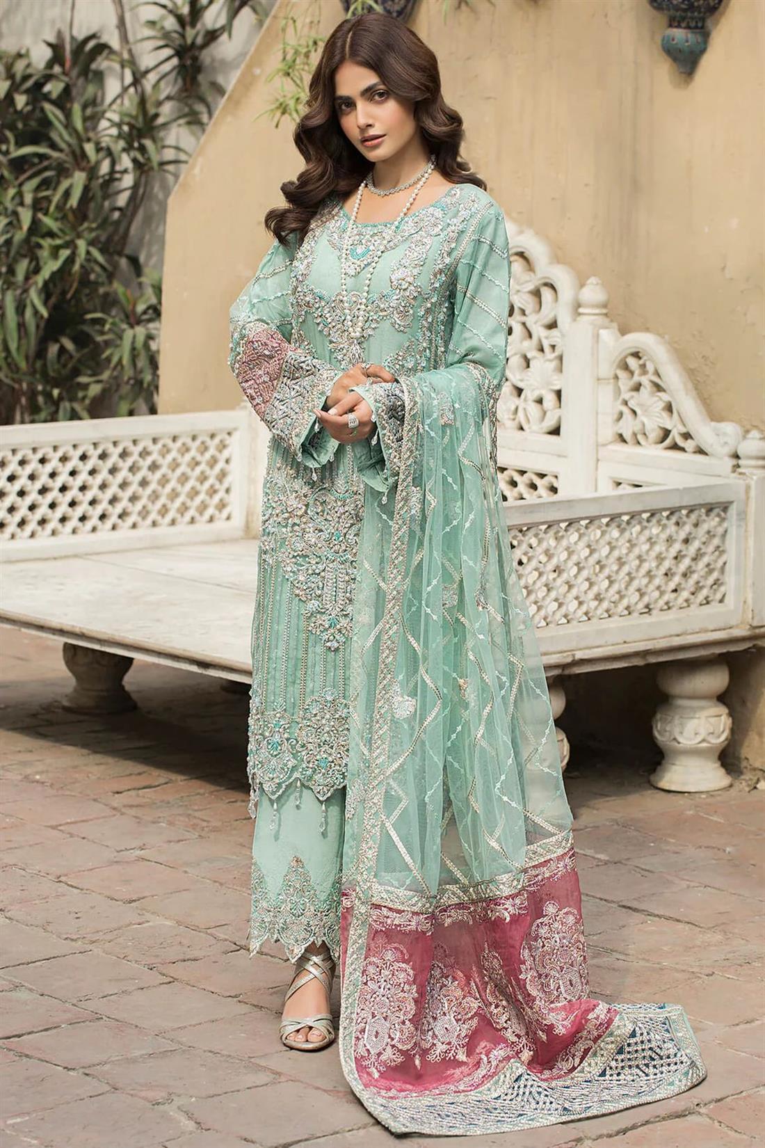 Mint B Embroidered Raw Silk Ladies 3 Piece Suit