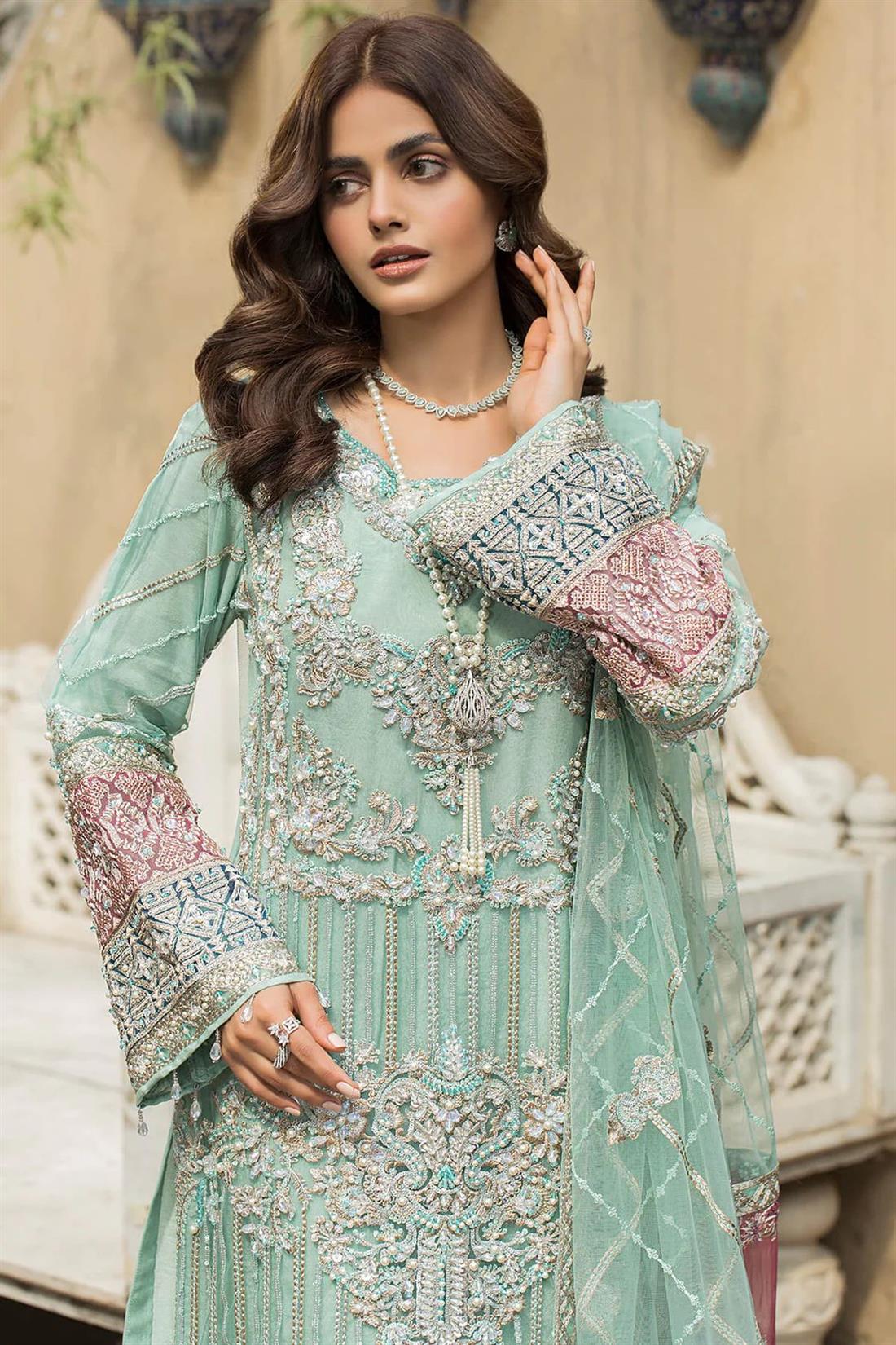 Mint B Embroidered Raw Silk Ladies 3 Piece Suit