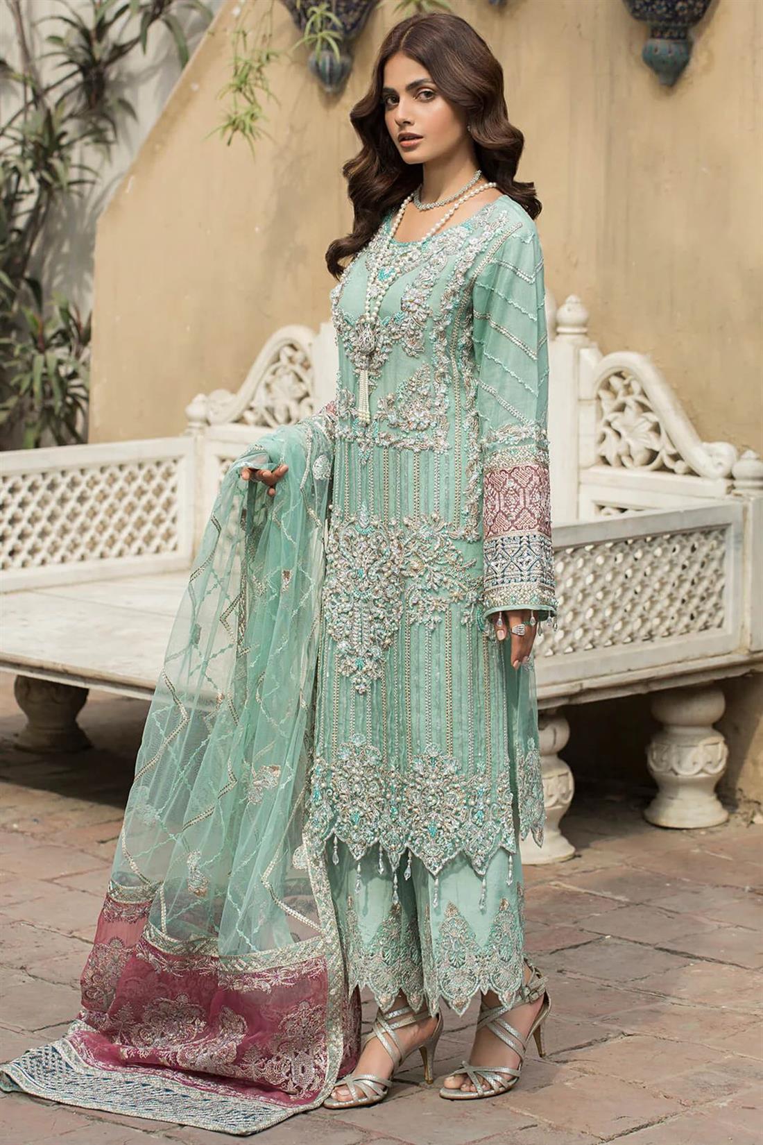 Mint B Embroidered Raw Silk Ladies 3 Piece Suit
