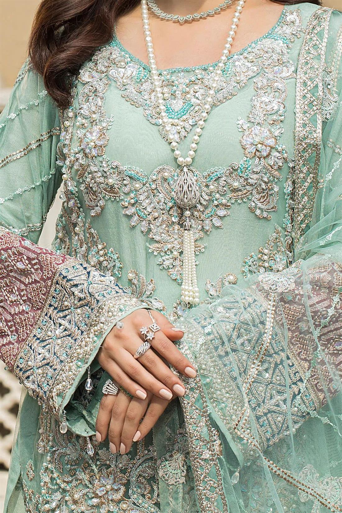 Mint B Embroidered Raw Silk Ladies 3 Piece Suit