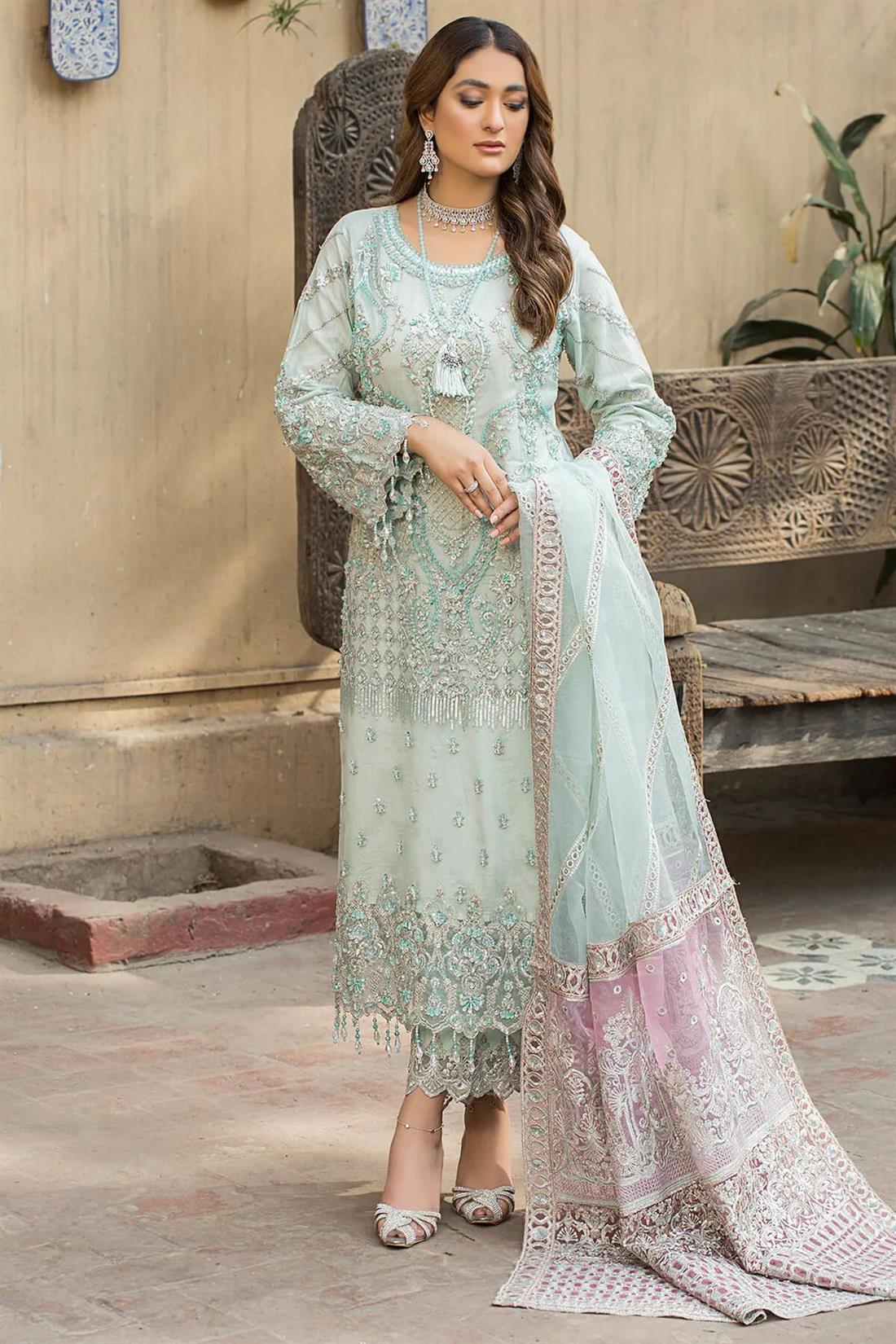 Mint G Embroidered Raw Silk Ladies 3 Piece Suit