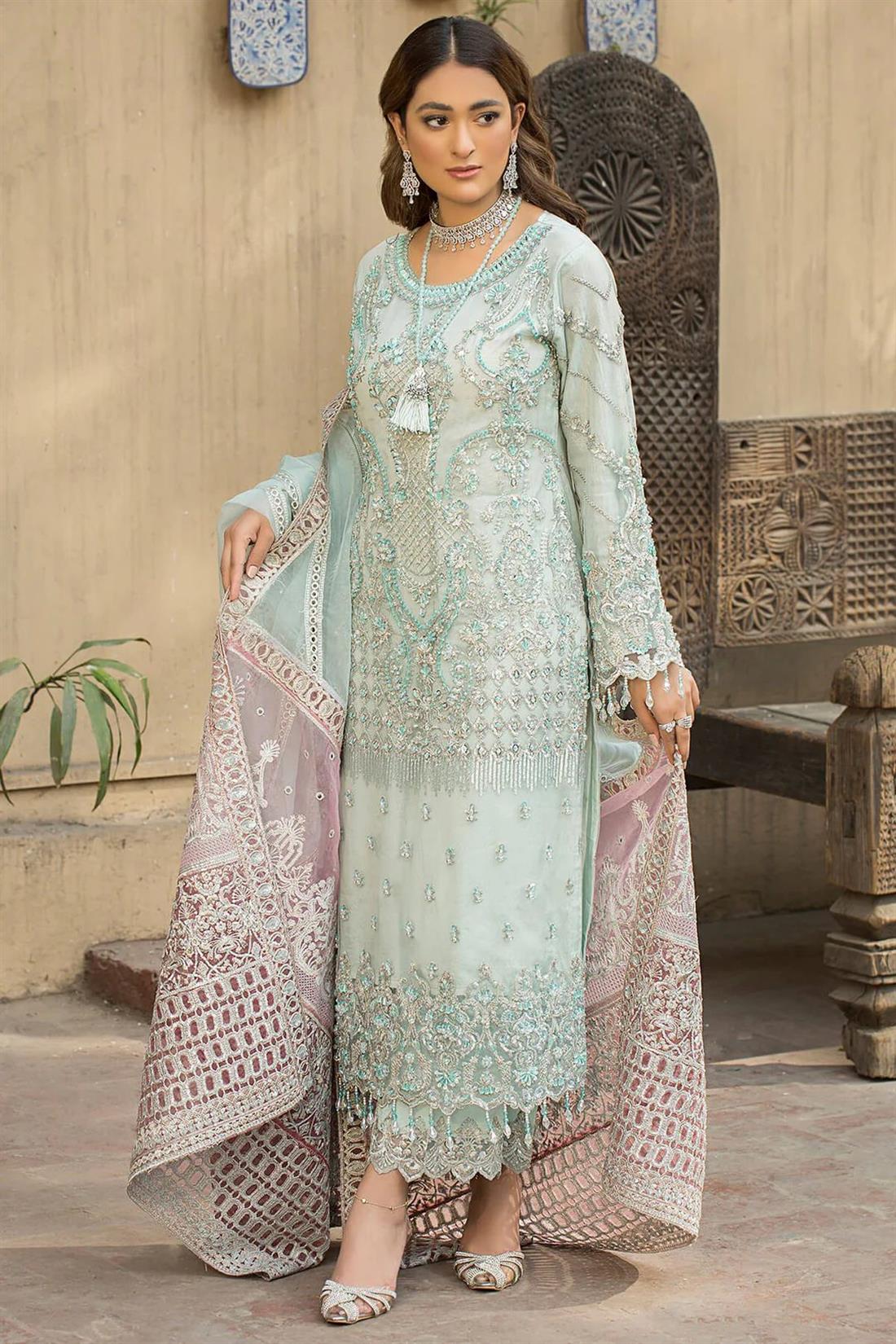Mint G Embroidered Raw Silk Ladies 3 Piece Suit