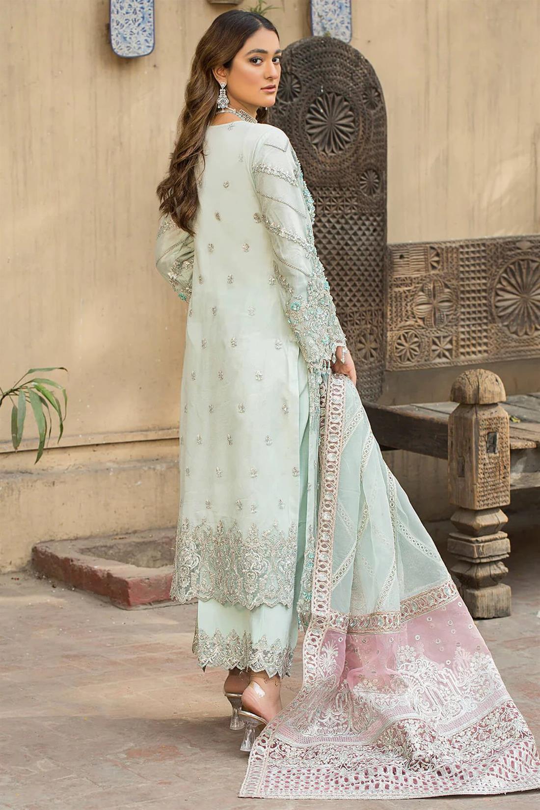 Mint G Embroidered Raw Silk Ladies 3 Piece Suit