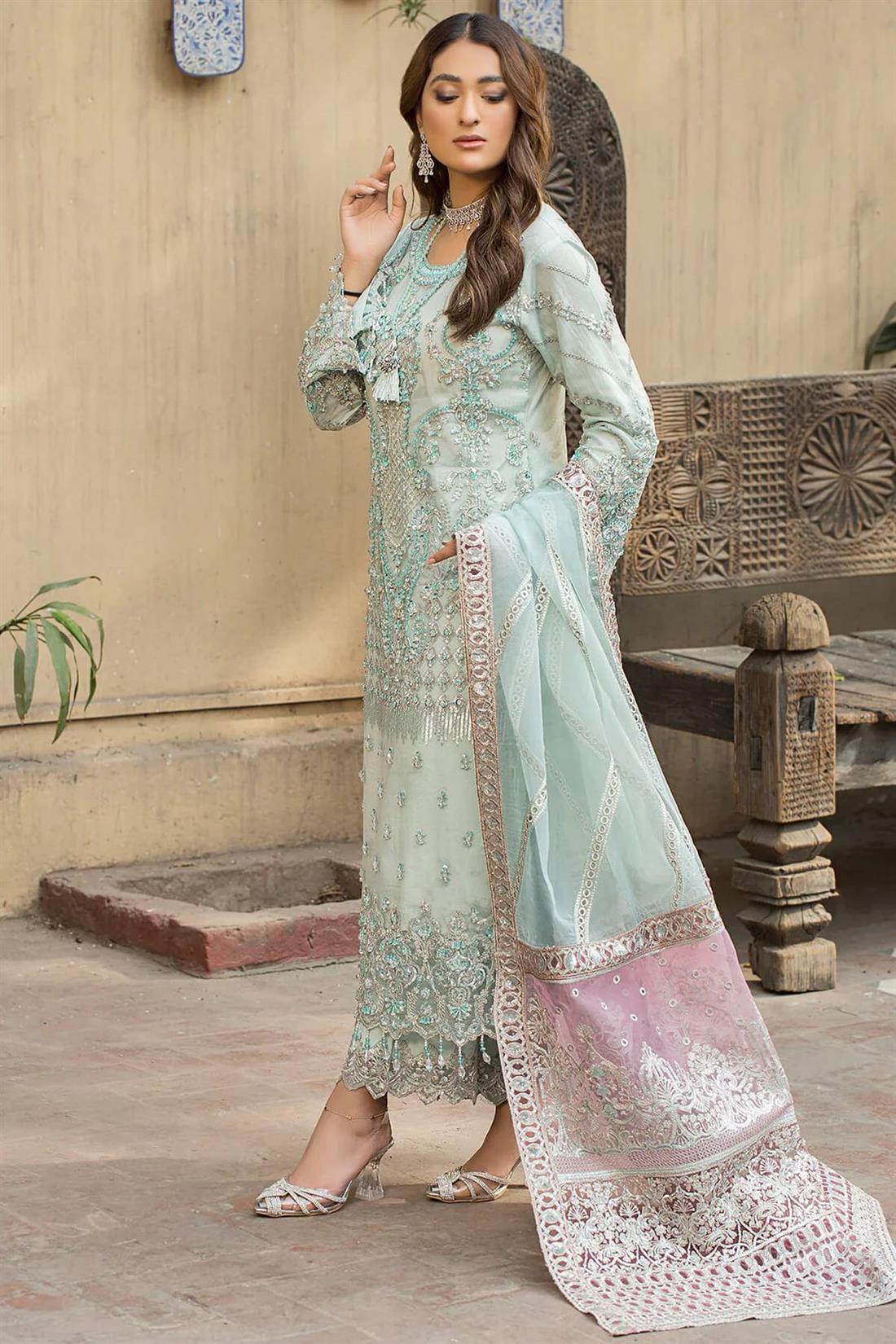 Mint G Embroidered Raw Silk Ladies 3 Piece Suit