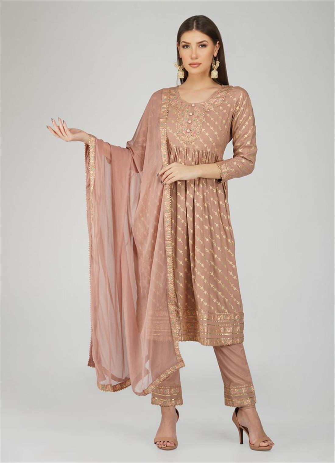 Dusty Pink Chiffon Embroidered 3 Piece Suit