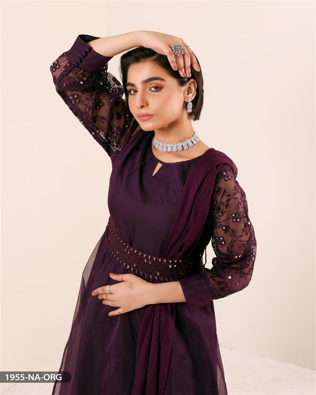 Purple Embroidered Chiffon Maxi Style Organza Trouser Suit with Net Shirt