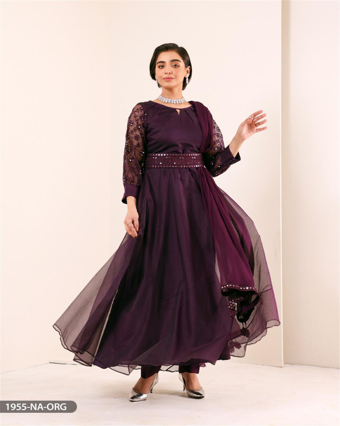 Purple Embroidered Chiffon Maxi Style Organza Trouser Suit with Net Shirt