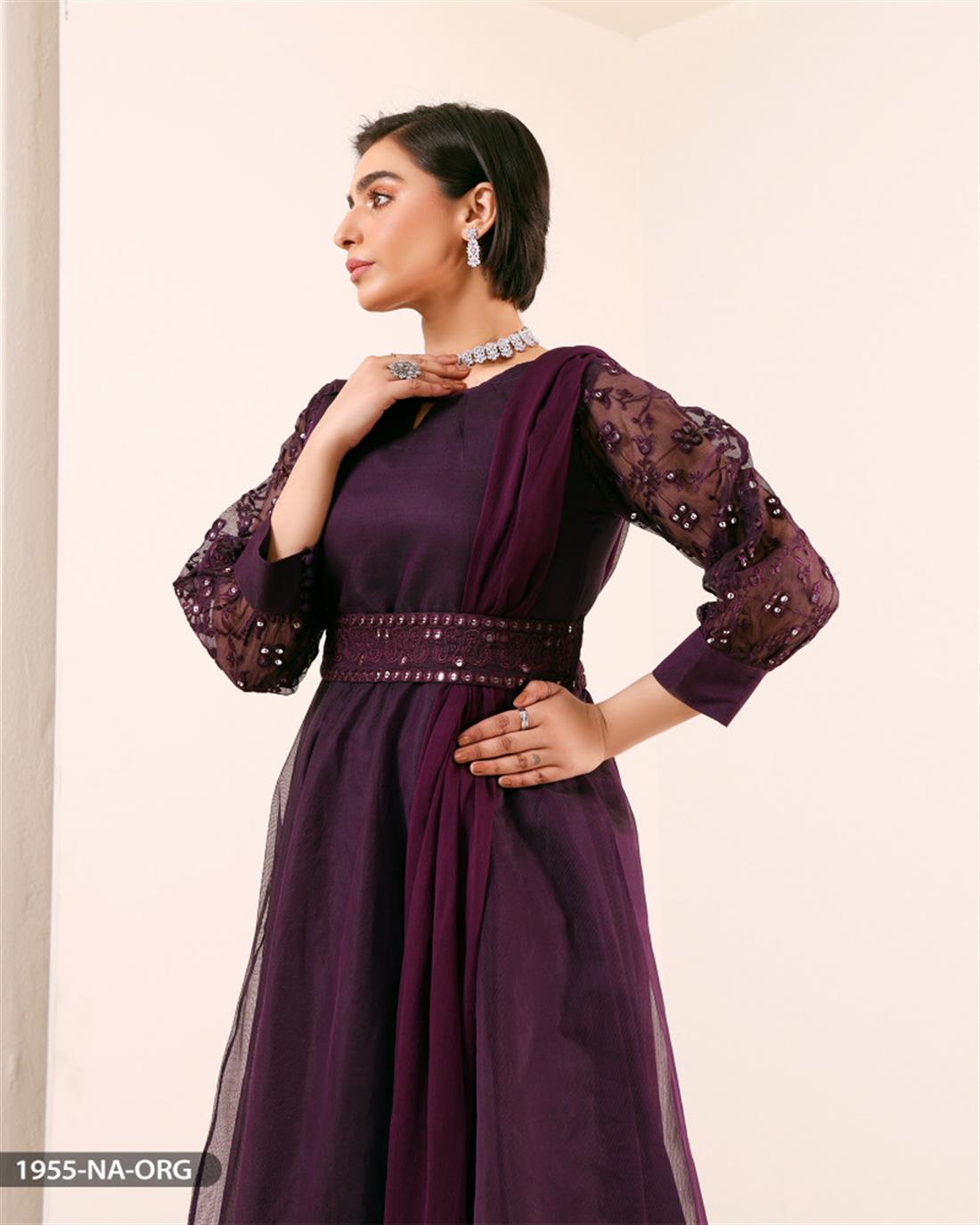 Purple Embroidered Chiffon Maxi Style Organza Trouser Suit with Net Shirt