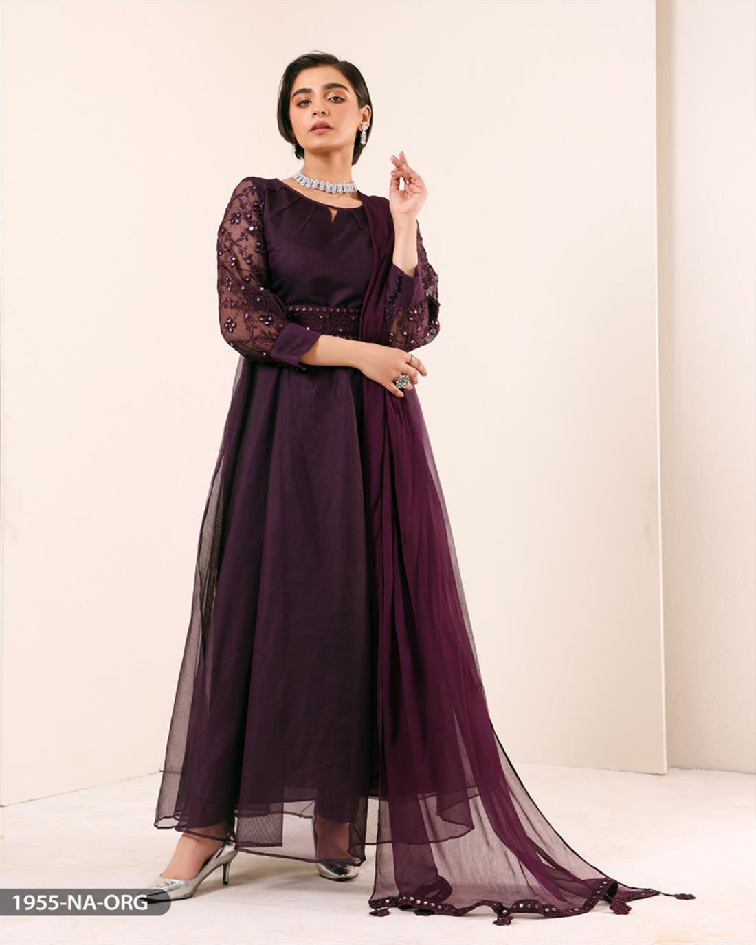 Purple Embroidered Chiffon Maxi Style Organza Trouser Suit with Net Shirt