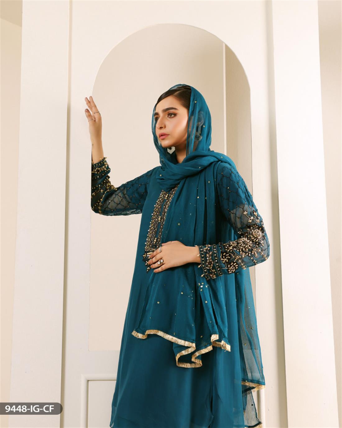 Teal Embroidered Chiffon Ladies Readymade