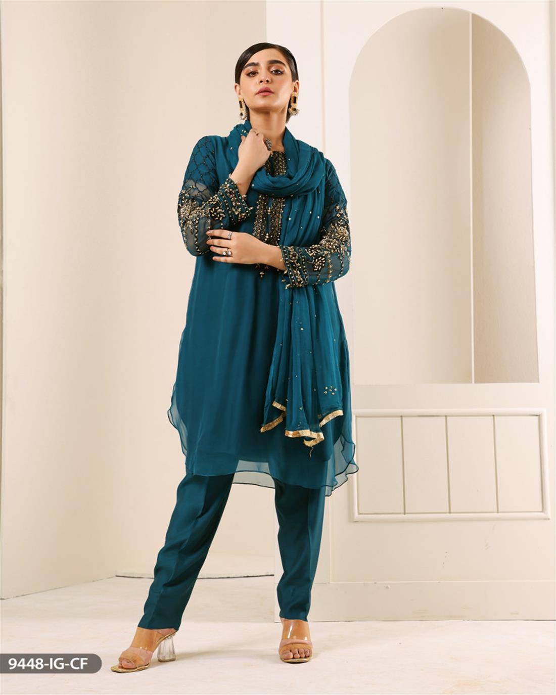 Teal Embroidered Chiffon Ladies Readymade
