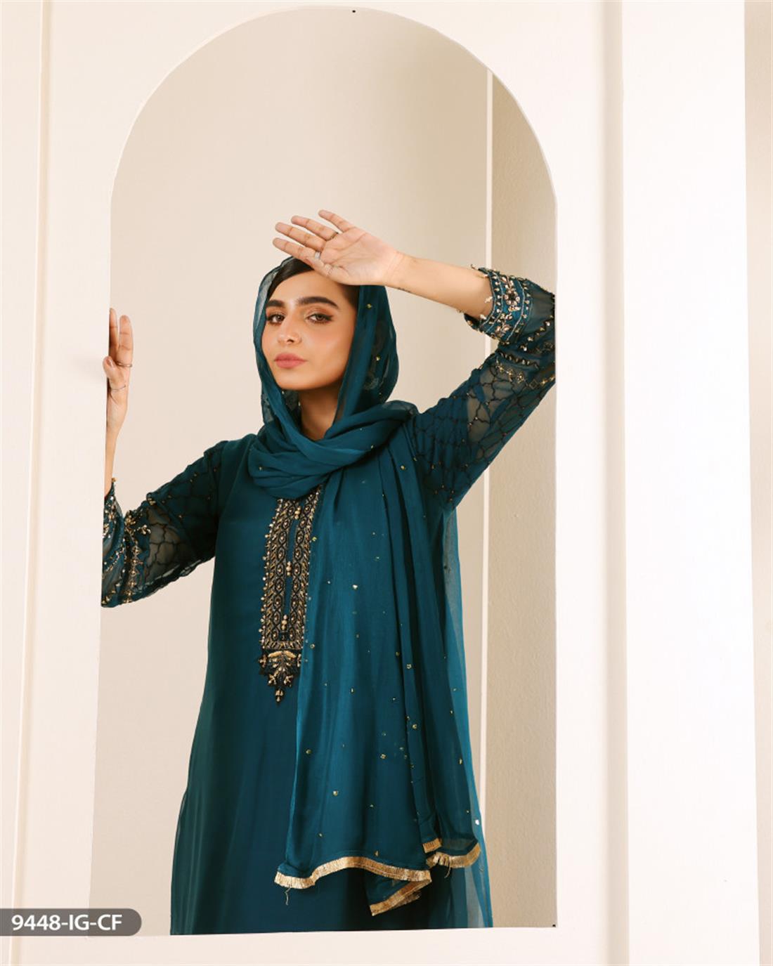 Teal Embroidered Chiffon Ladies Readymade