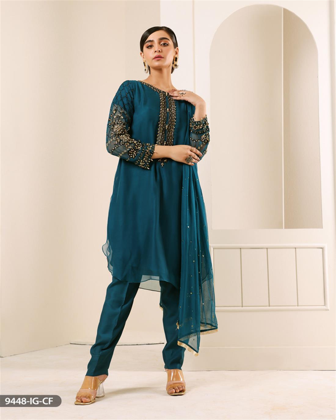 Teal Embroidered Chiffon Ladies Readymade