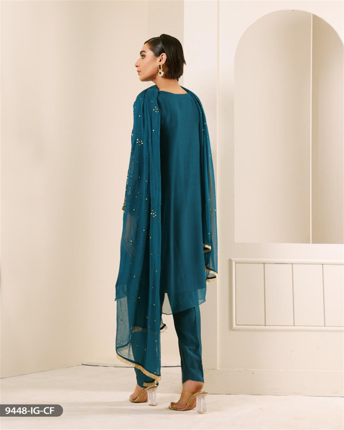 Teal Embroidered Chiffon Ladies Readymade