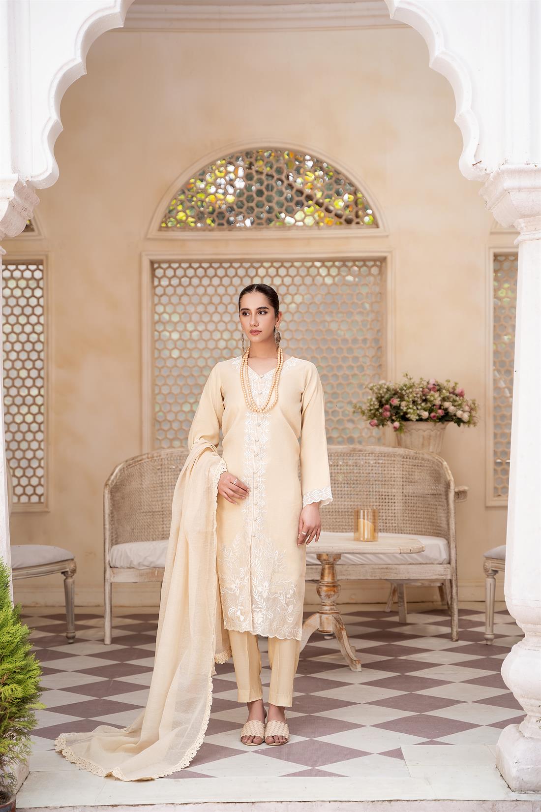 Cream Embroidered Silk Ladies Readymade