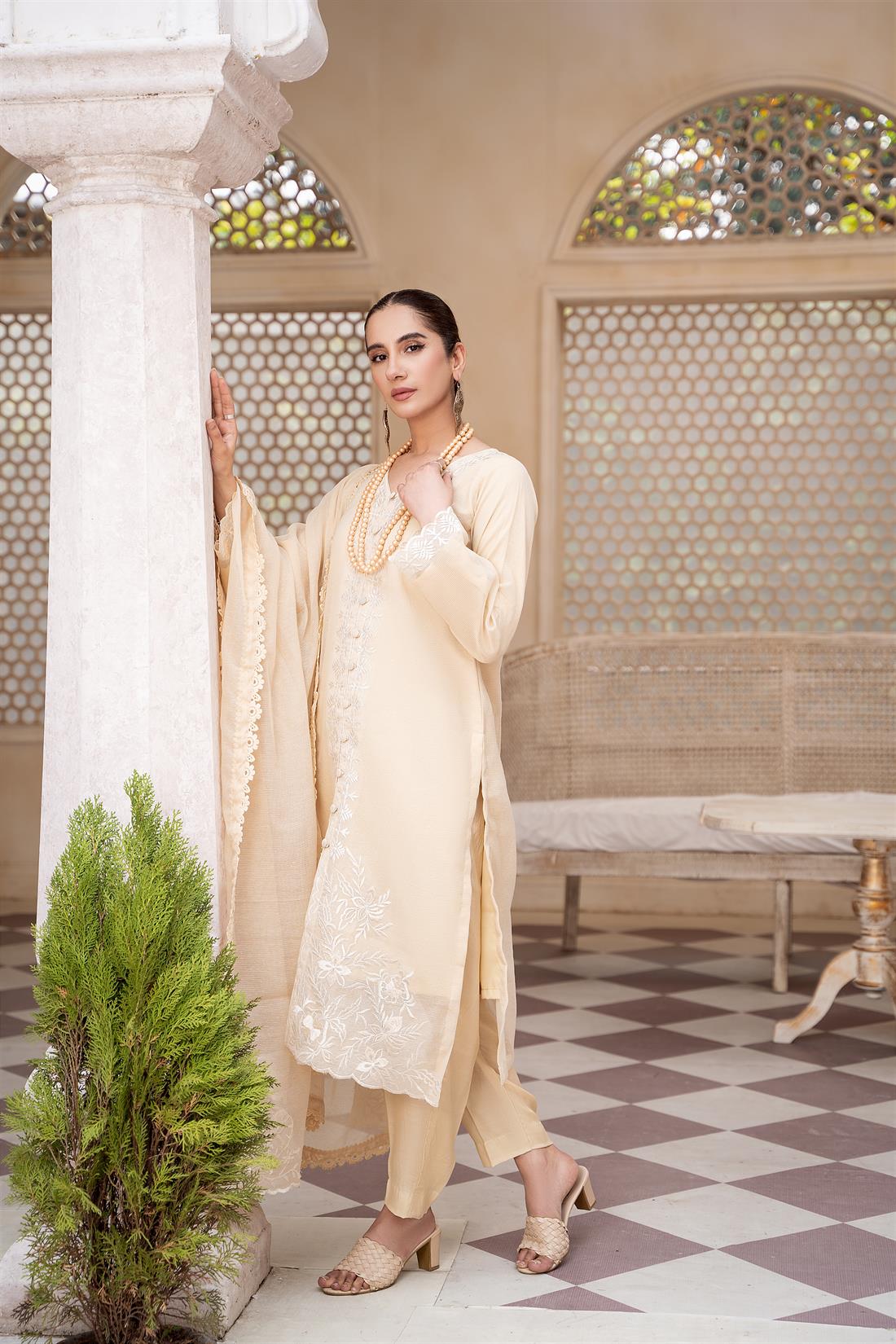 Cream Embroidered Silk Ladies Readymade