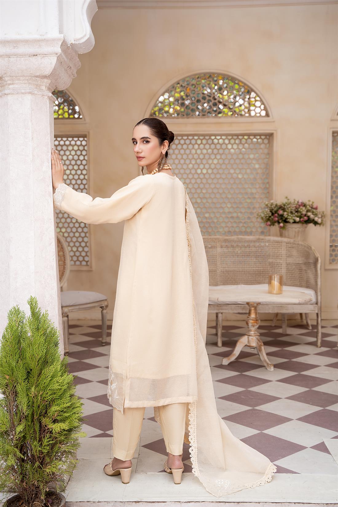 Cream Embroidered Silk Ladies Readymade