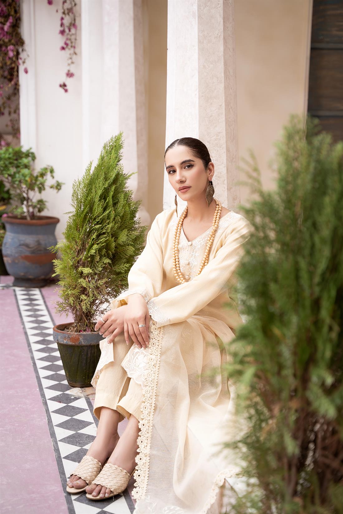 Cream Embroidered Silk Ladies Readymade