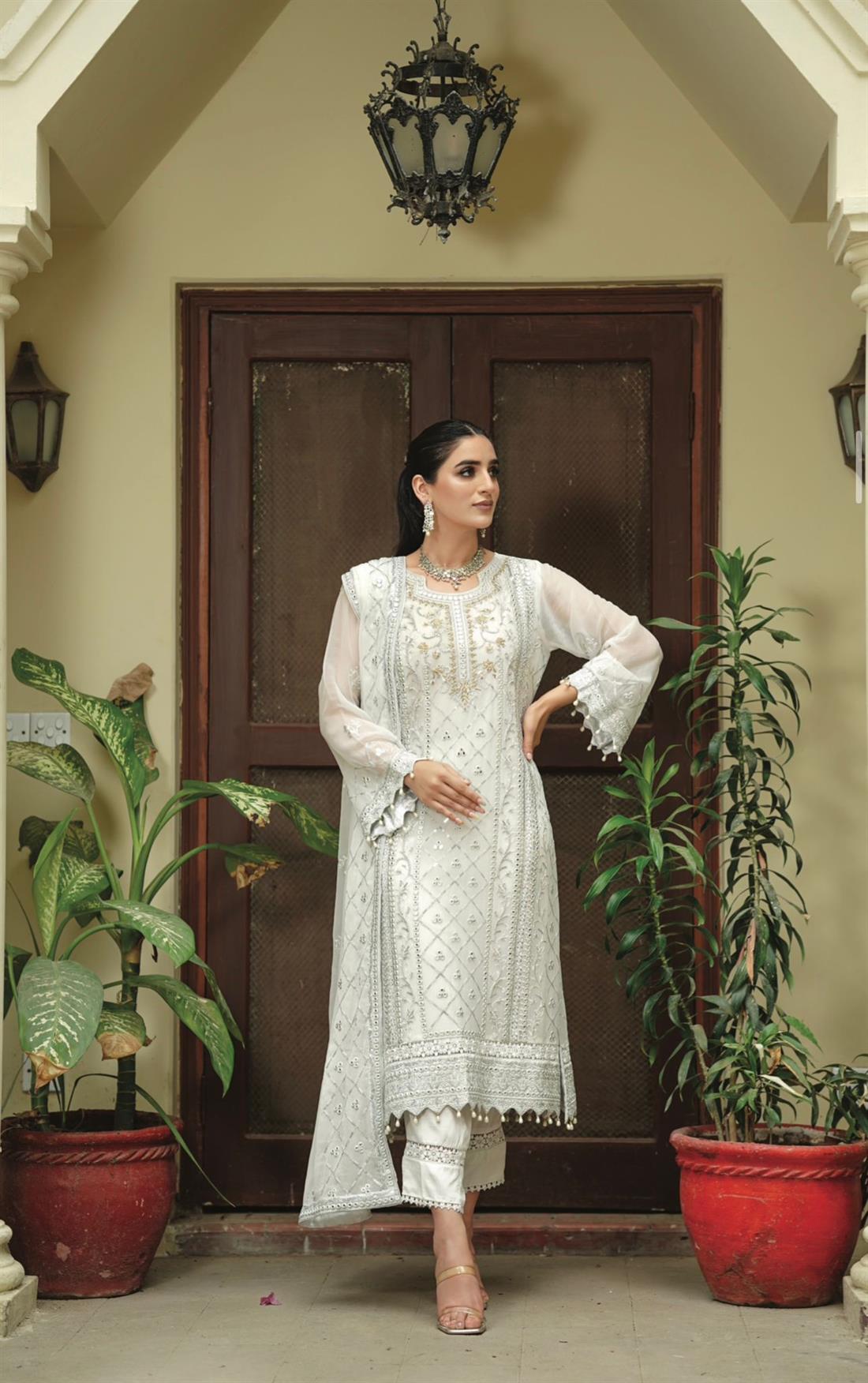 Mint Embroidered Raw Silk Ladies Readymade