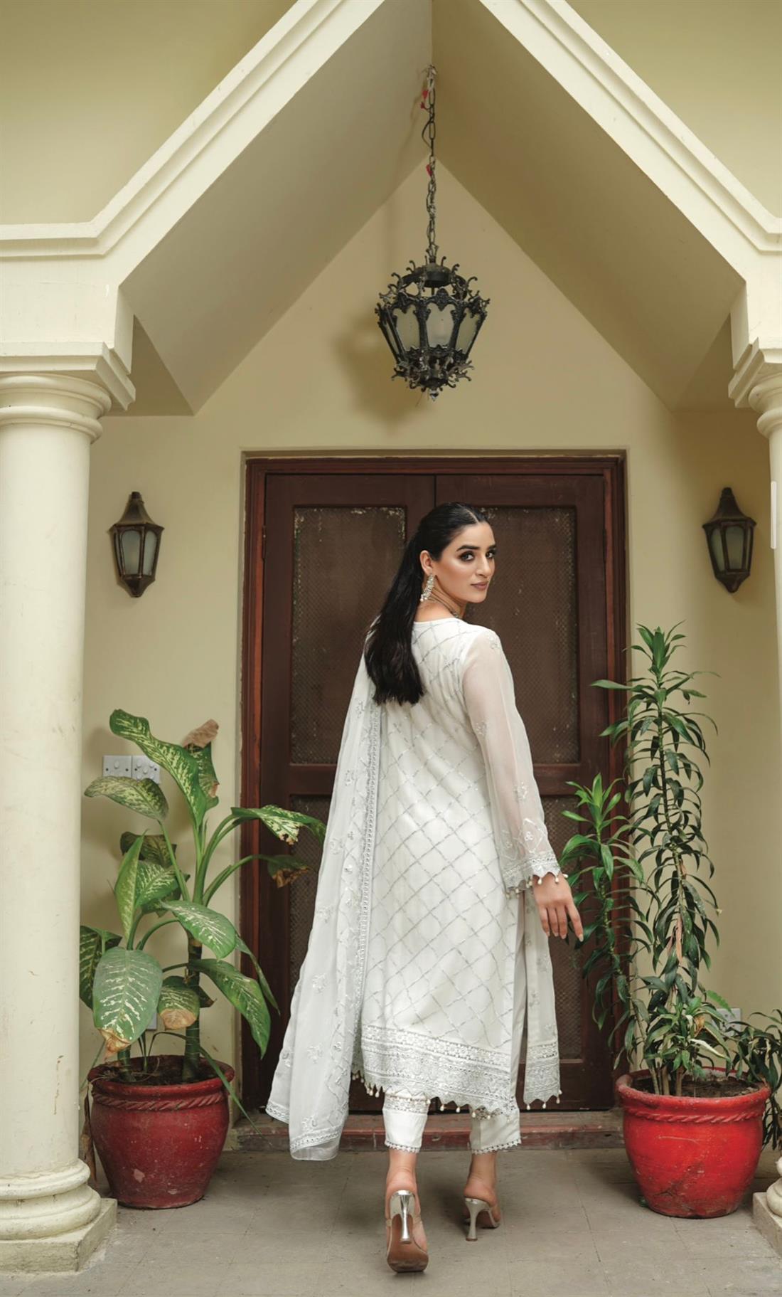 Mint Embroidered Raw Silk Ladies Readymade