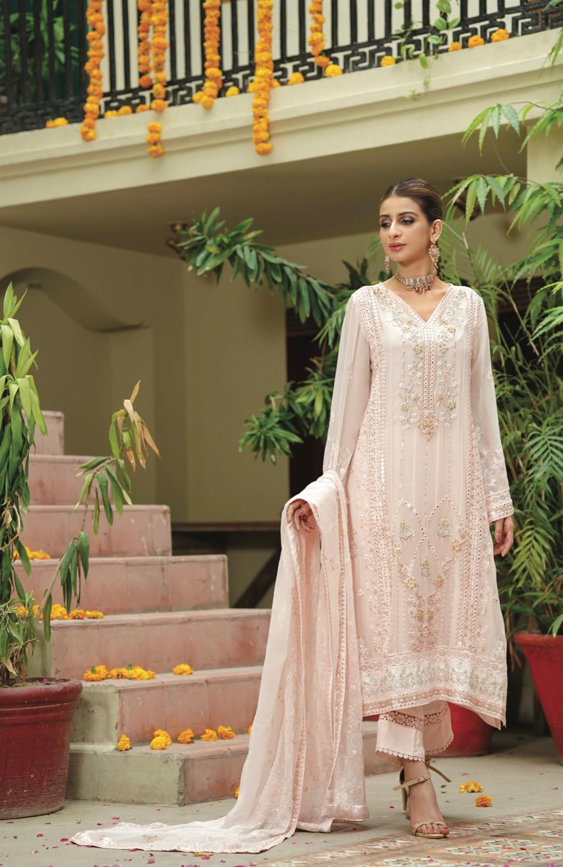 Pink Embroidered Raw Silk Ladies Readymade