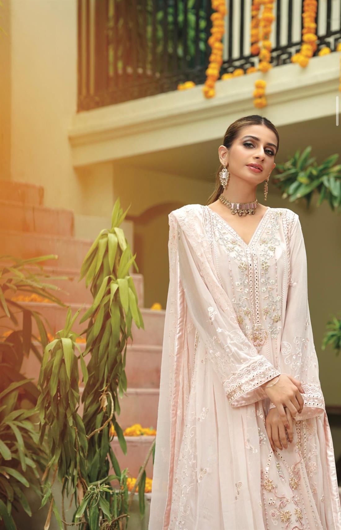 Pink Embroidered Raw Silk Ladies Readymade