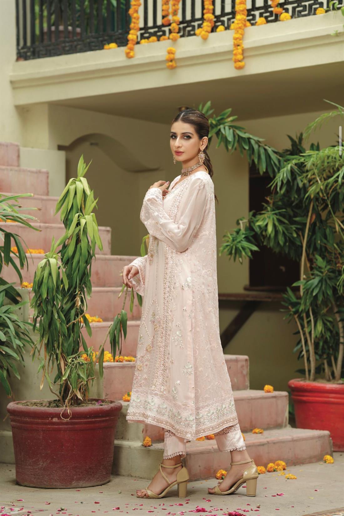 Pink Embroidered Raw Silk Ladies Readymade