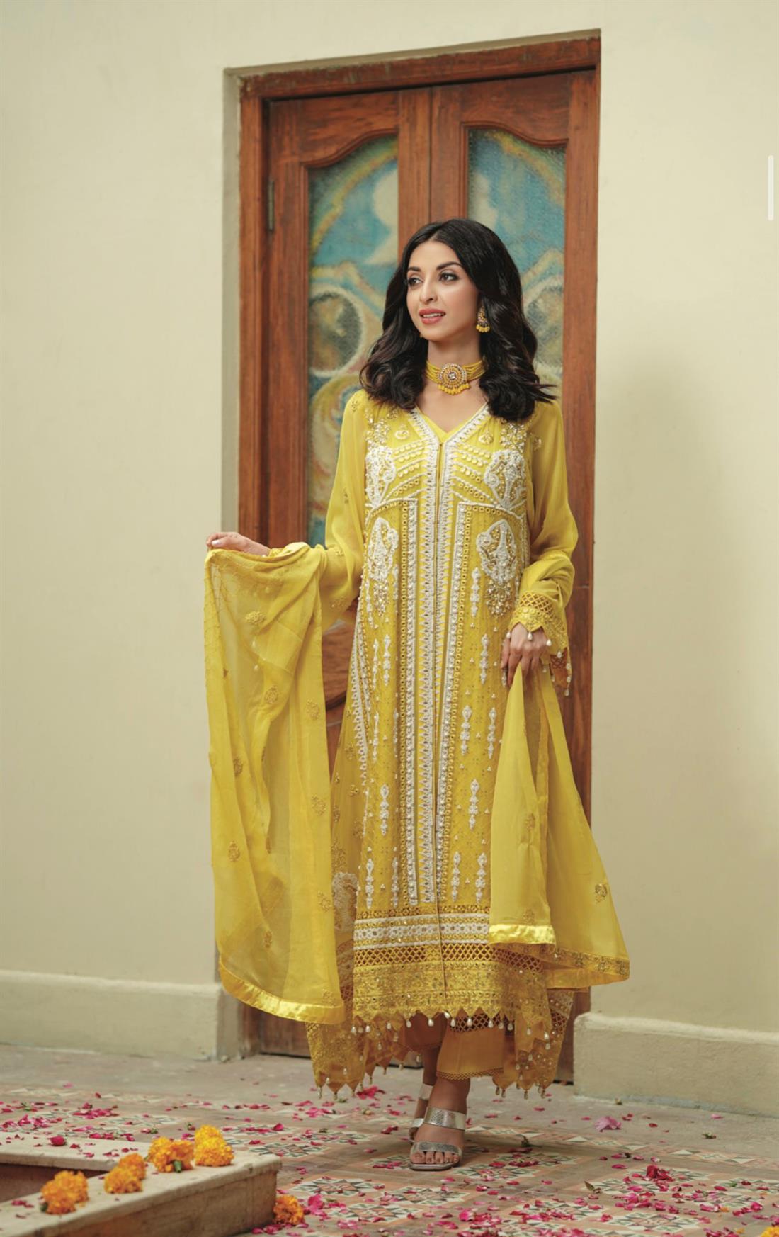 Yellow Embroidered Raw Silk Ladies Readymade