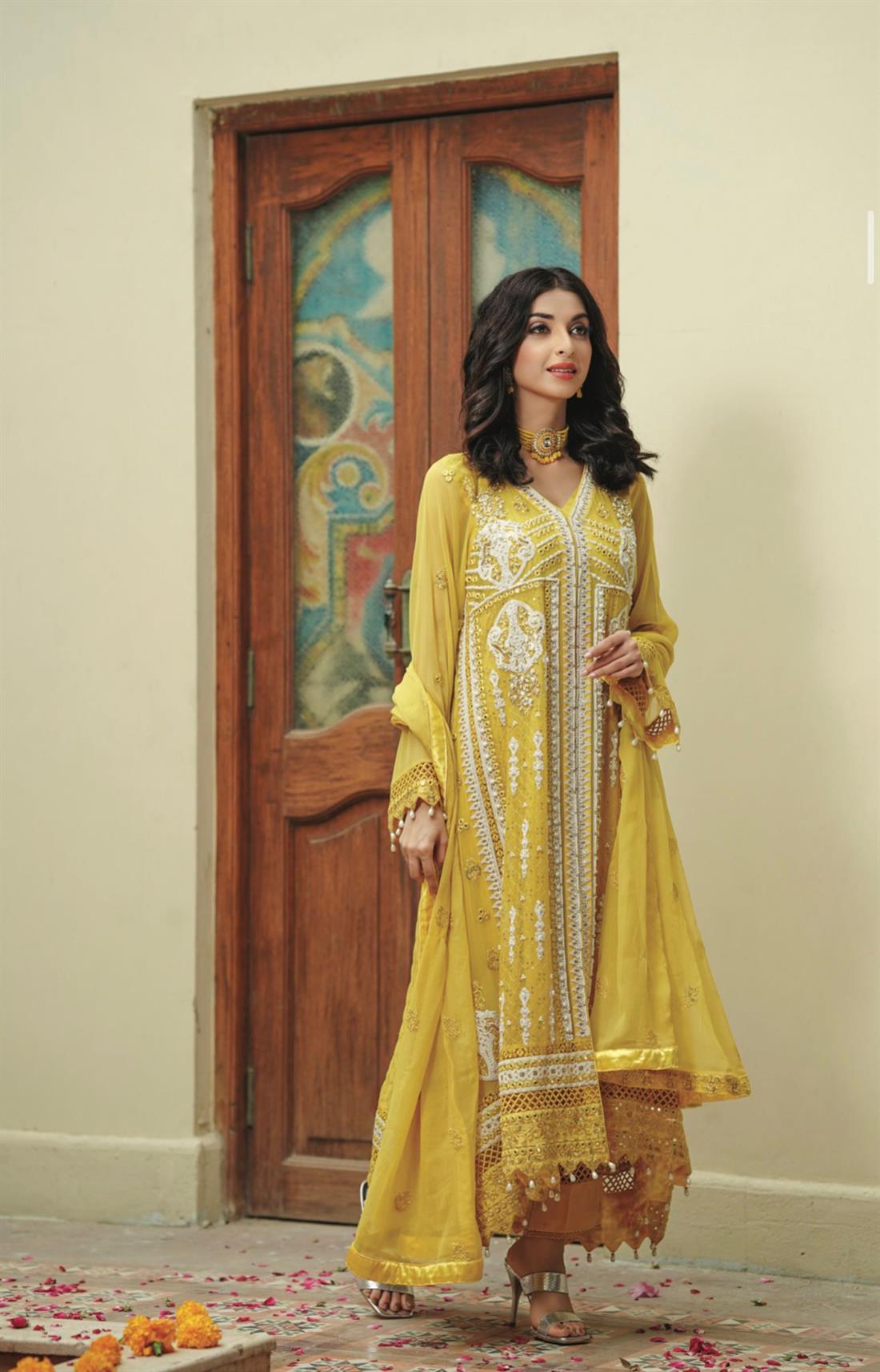 Yellow Embroidered Raw Silk Ladies Readymade