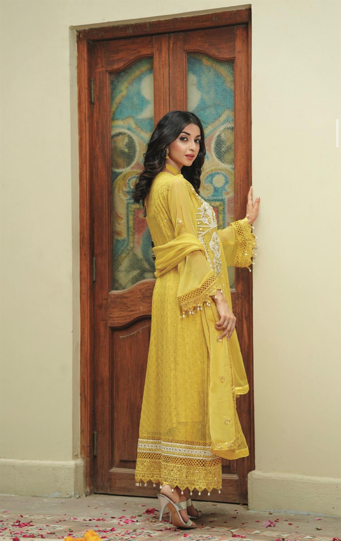 Yellow Embroidered Raw Silk Ladies Readymade