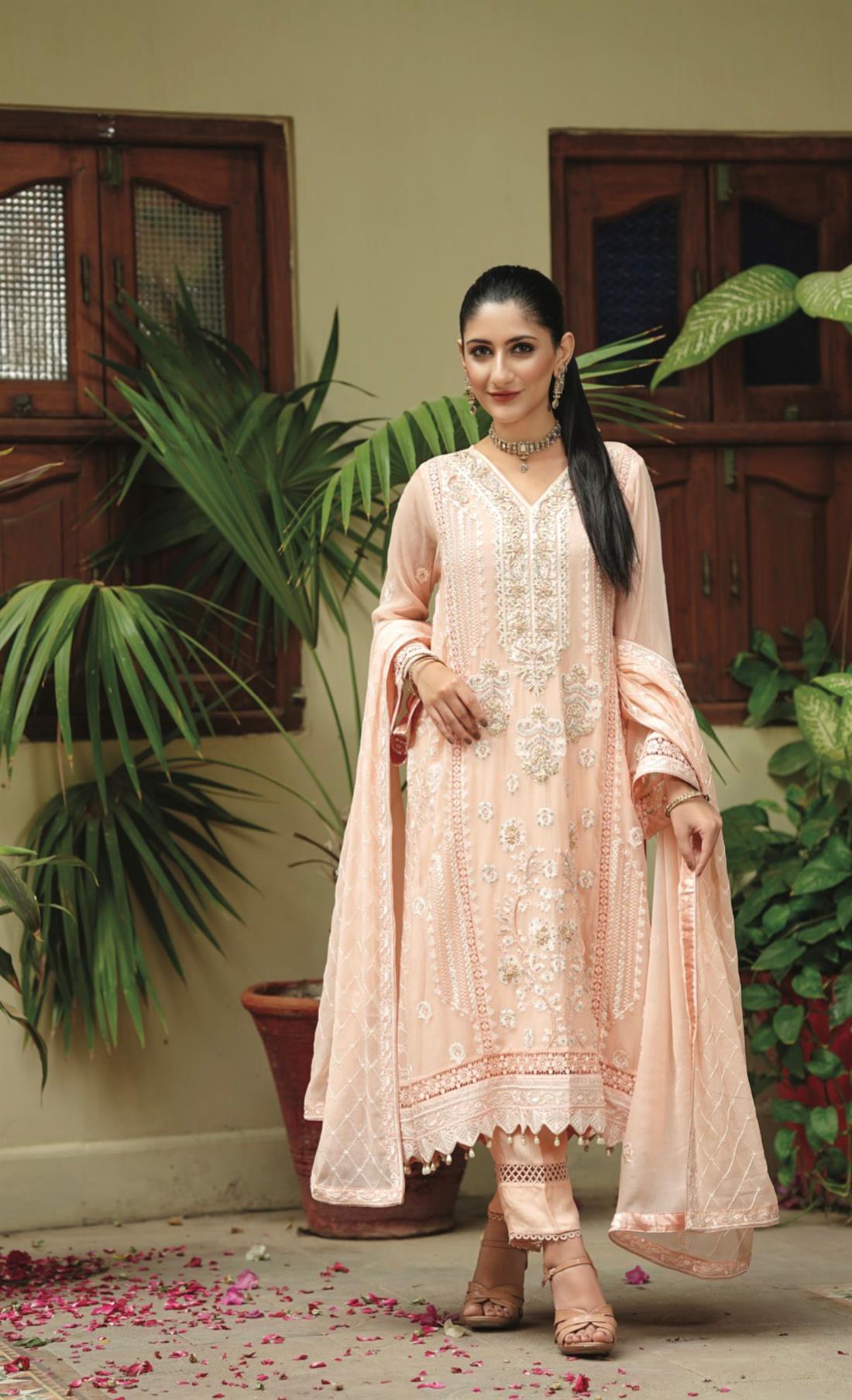 Peach Embroidered Raw Silk Ladies Readymade