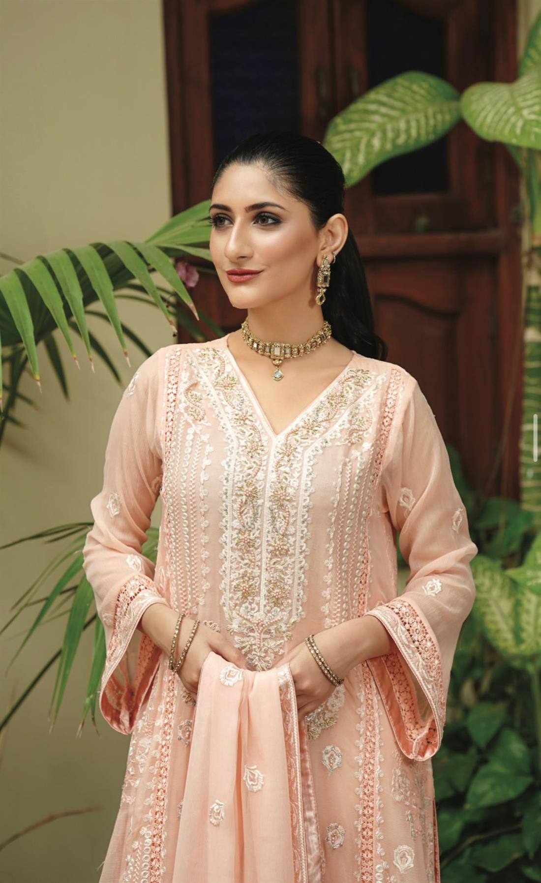 Peach Embroidered Raw Silk Ladies Readymade