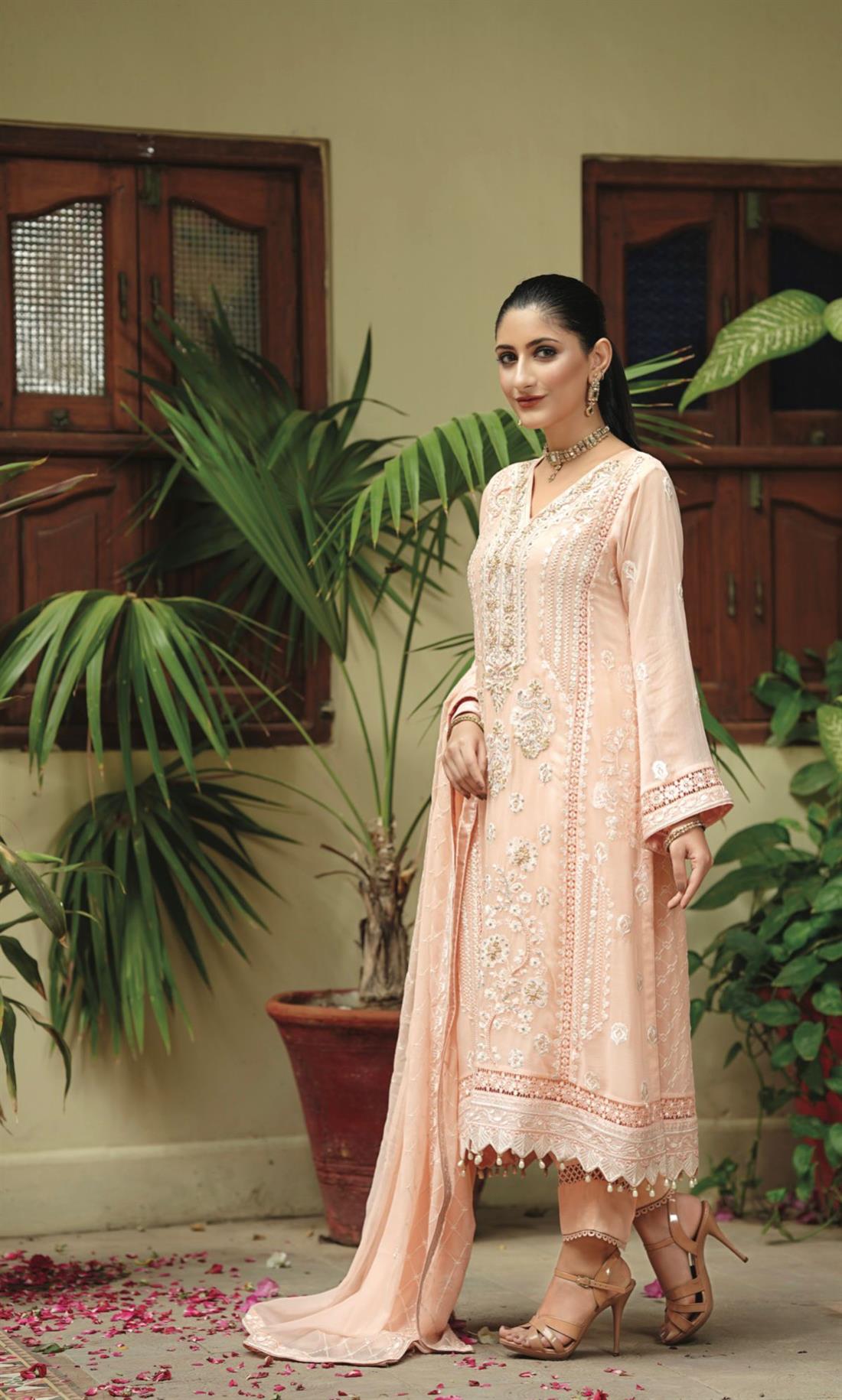 Peach Embroidered Raw Silk Ladies Readymade