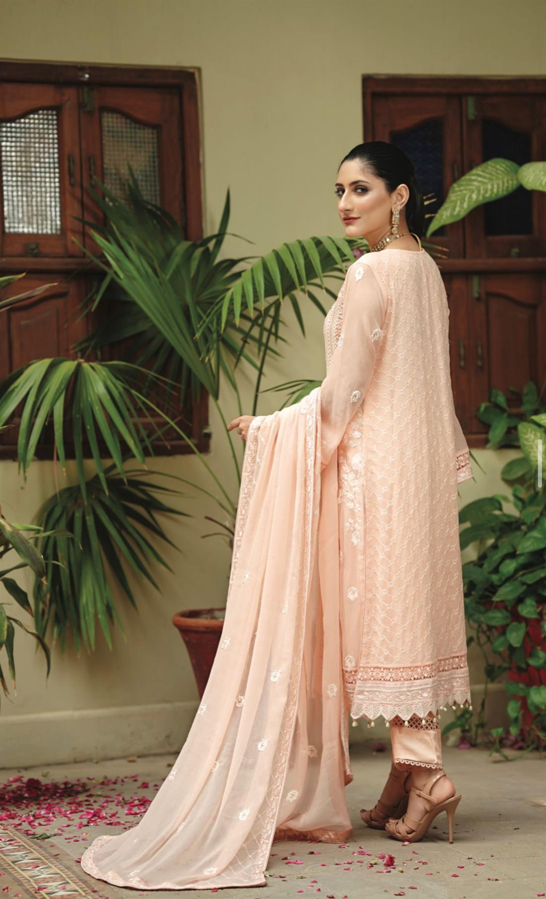 Peach Embroidered Raw Silk Ladies Readymade