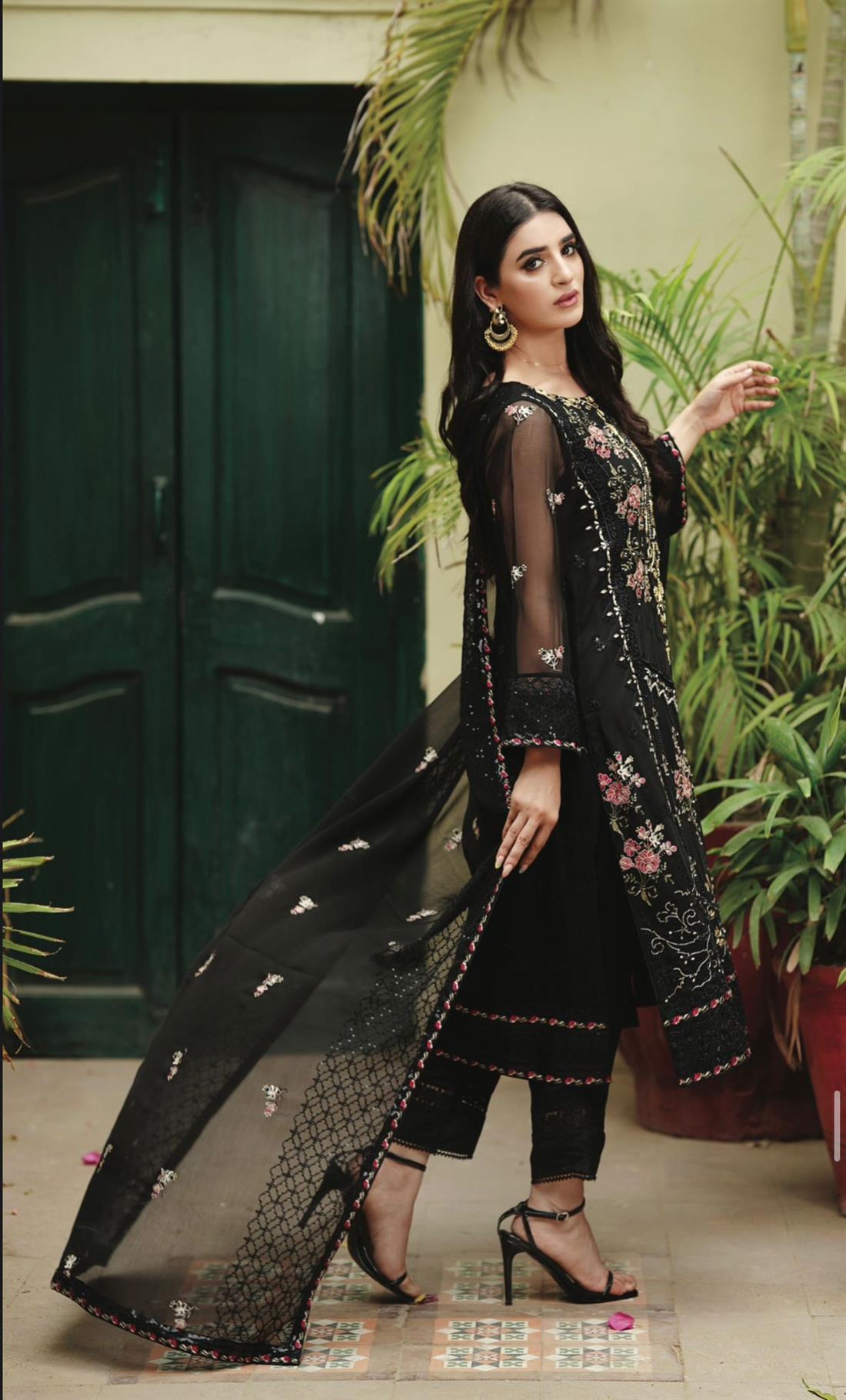 Black Embroidered Raw Silk Ladies Readymade