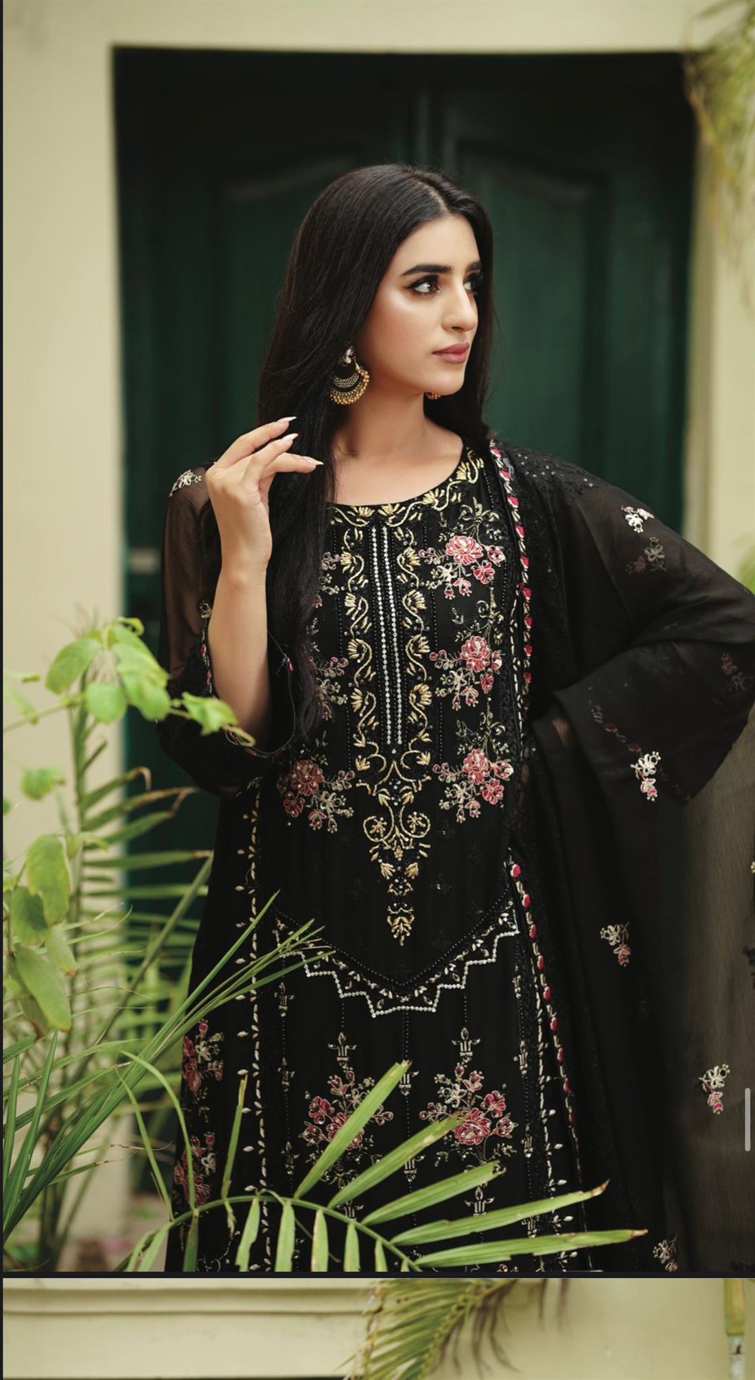 Black Embroidered Raw Silk Ladies Readymade