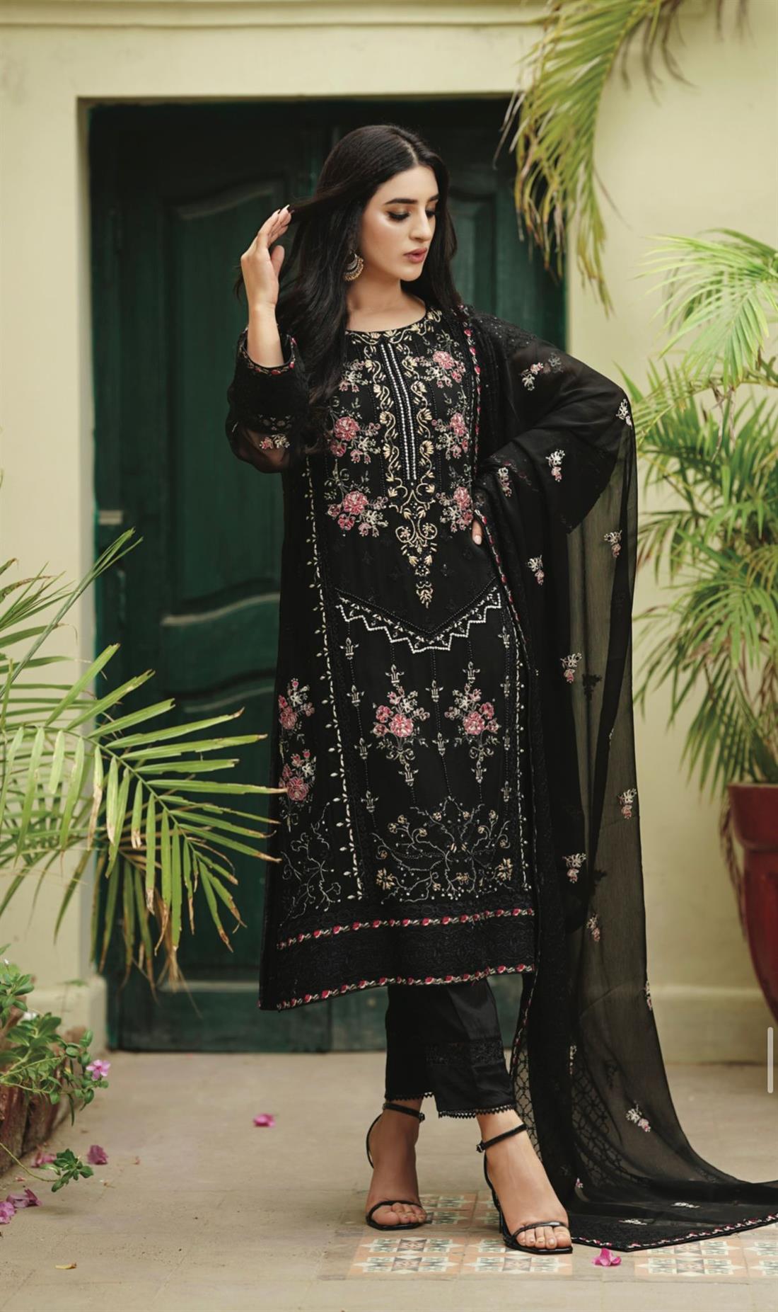 Black Embroidered Raw Silk Ladies Readymade